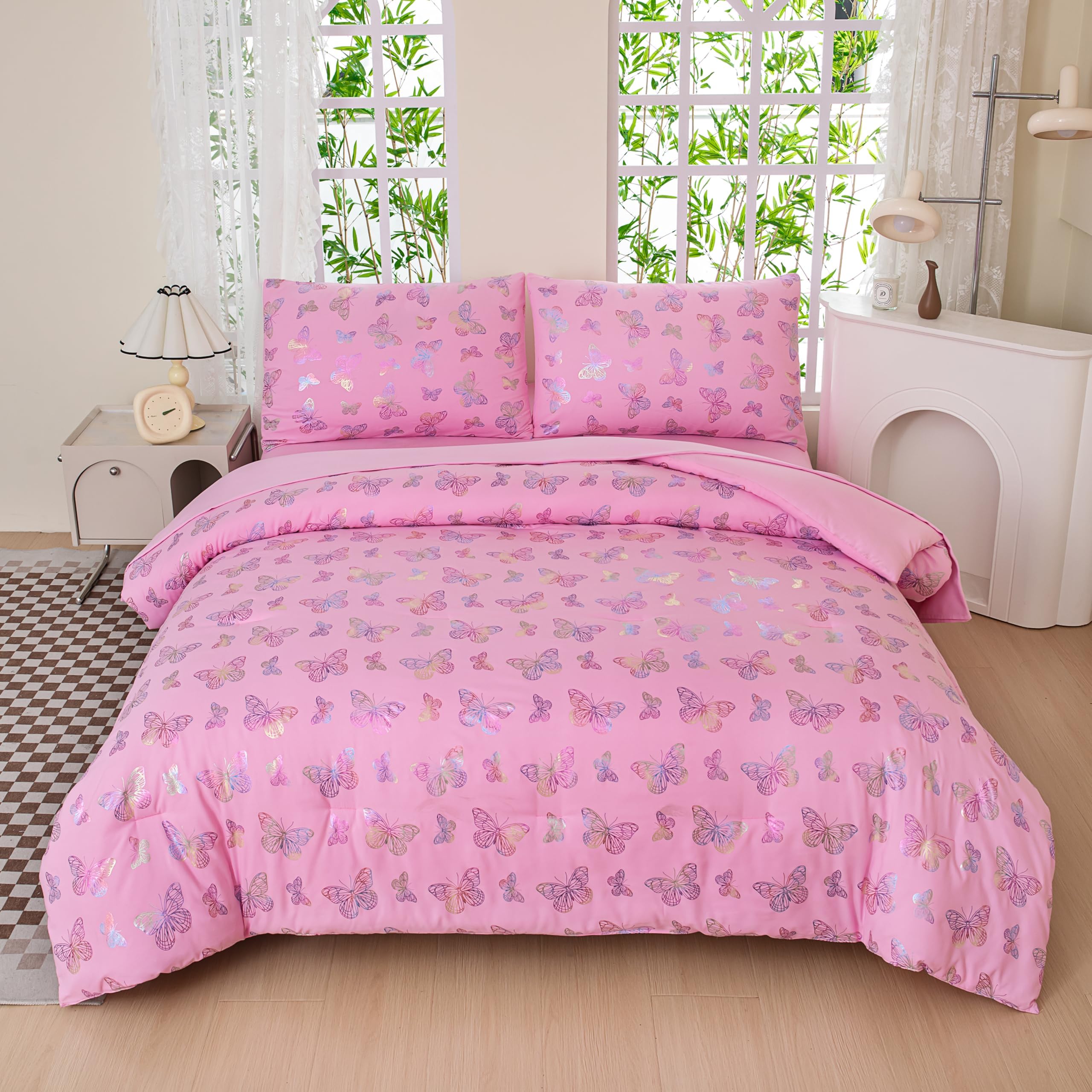 Butterfly Comforter Set,Pink Bedding Twin,Butterfly Bedding Comforter Set,Girls Twin Bedroom Comforter Sets for Girls(Pink,5PCS)
