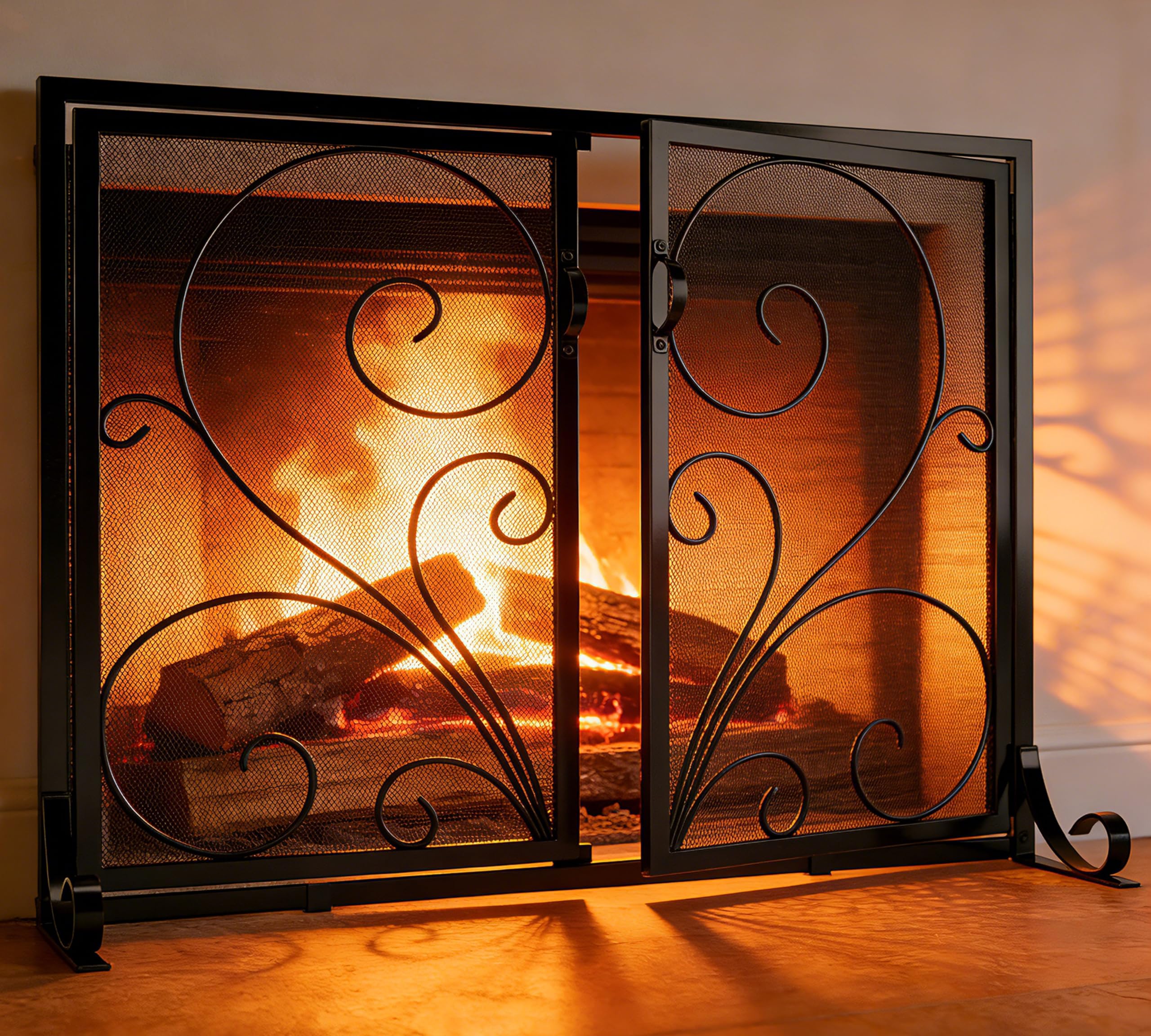 Flat Fireplace Screen with Doors,Solid Wrought Iron Frame with Metal Mesh, Flat Panel Decorative Fireplace Screen with Scroll Design, Free Standing Spark Guard