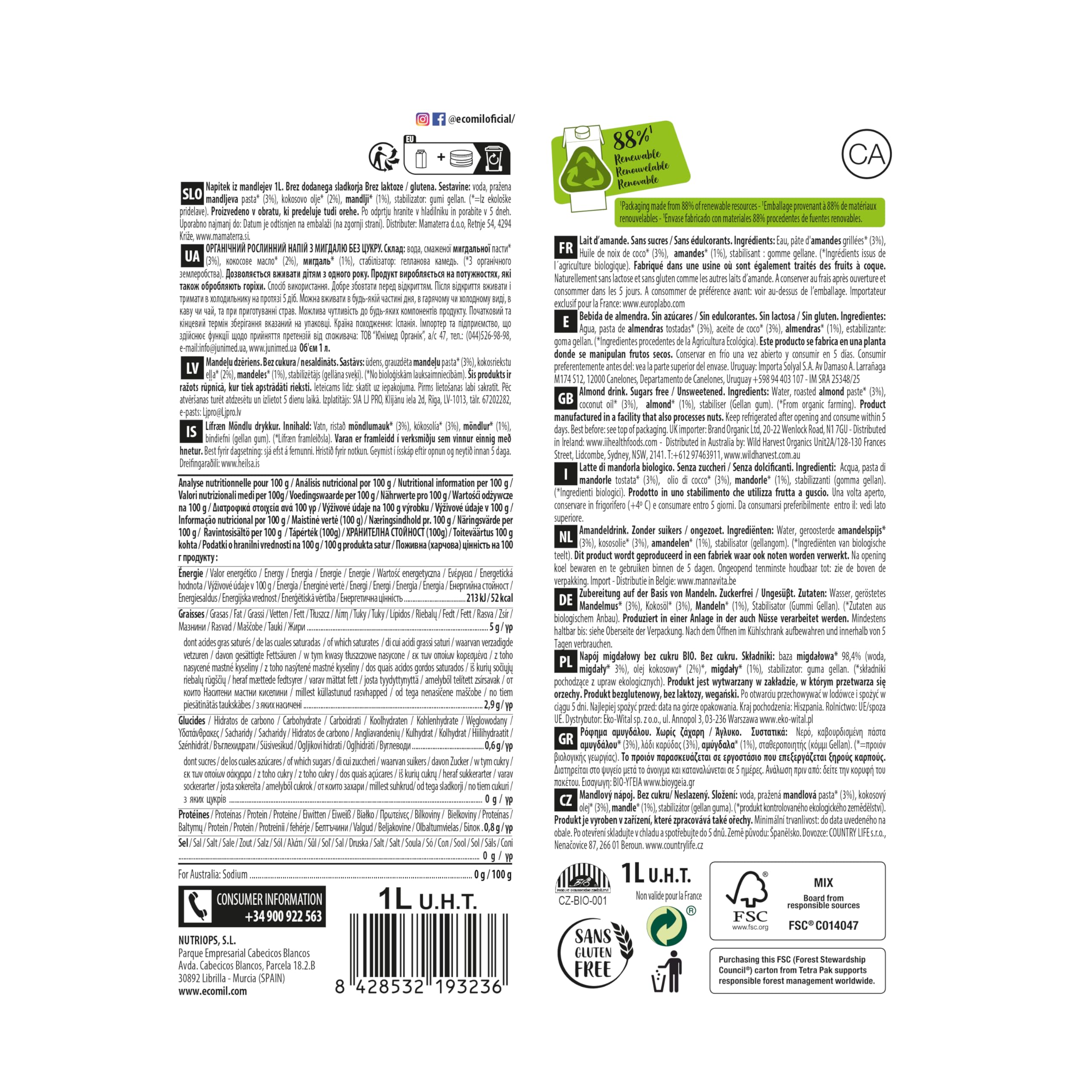 Ecomil - Bebida Vegetal de Almendras, Pack 6 x 1 Litro, Fruto Seco Ecológico, Sin Gluten, Sin Azúcares Añadidos, Apta para Dietas Keto y Veganas