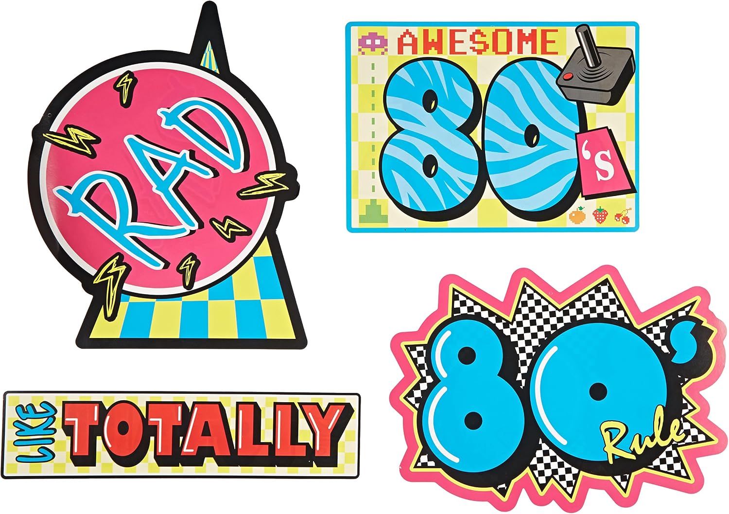 Beistle Awesome 80's Cutouts 4-Count – Double-Sided Retro Party Decorations with Neon Graphics and Classic Phrases for Throwback Birthdays and Events, 13"–15½"
