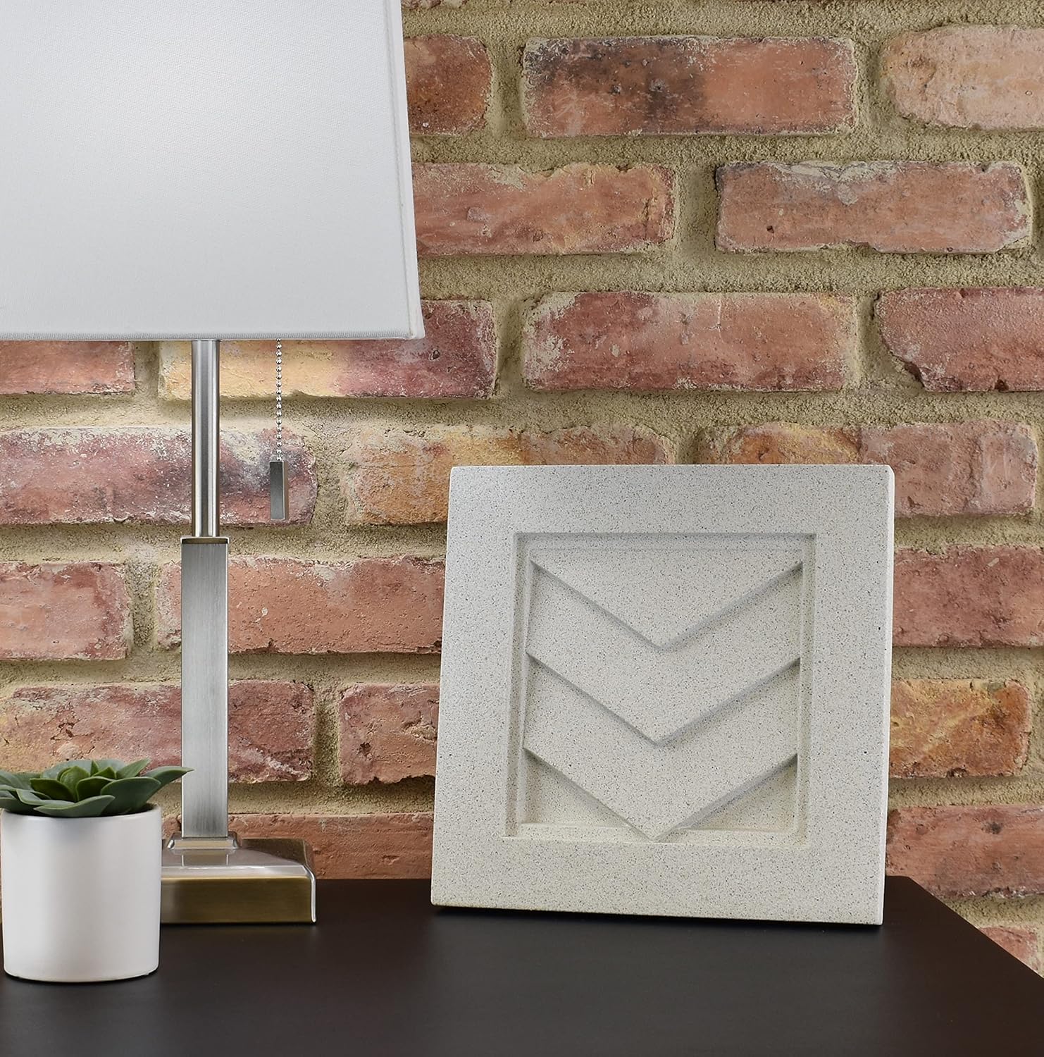 Sculpted Architectural Bas Relief 3D Tile Plaque Ornament, Solid Cast Stone, Chevronel Invert Design, 9.5"x9.5" for Wall Hanging or Tabletop Display (White with Keyhole)