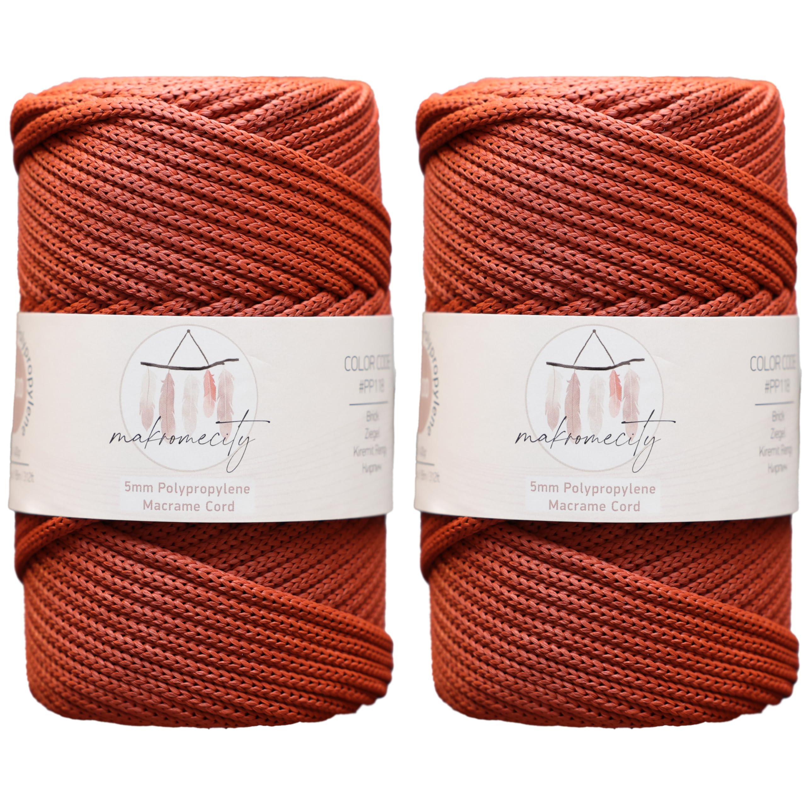 Makromecity, 2 Skeins 5mm x 94 Yards 5mm Macrame Polyester Cord - Brick Polypropylene Cord for Macrame Bag, Craft Making, Wall Hanging, Bags, Underplate, Carpet