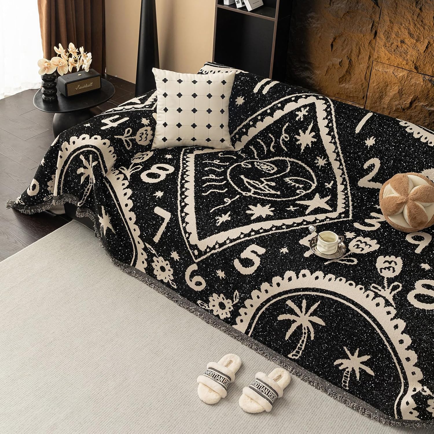 HANDONTIME Black and White Couch Cover for Sofa Washable Retro-Hippie Sofa Slipcover with Sun Moon Chenille Pet-Friendly Sofa Cover for 3 Cushion Couch Nature Furniture Cover for Dogs, 71"x118"