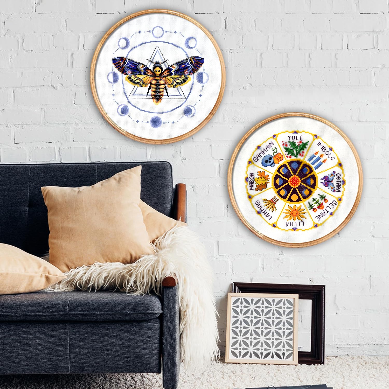 Povitrulya Set of Two Cross Stitch Kits with Spiritual Mystic Symbols Death Head Moth and Wheel of The Year