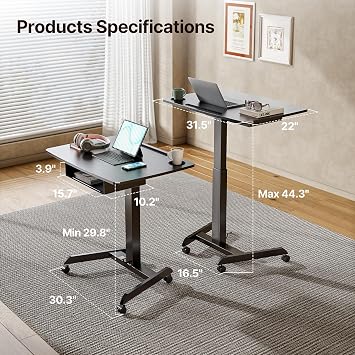 PEGZONE 31.5' Mobile Desk Workstation with Drawer and Foot Pedal, Black | Gas Spring, Height Adjsutable up to 44.3', A Comfortable Lifting Experience, Hold 33 Lbs, with Wheels, for Home, Classroom