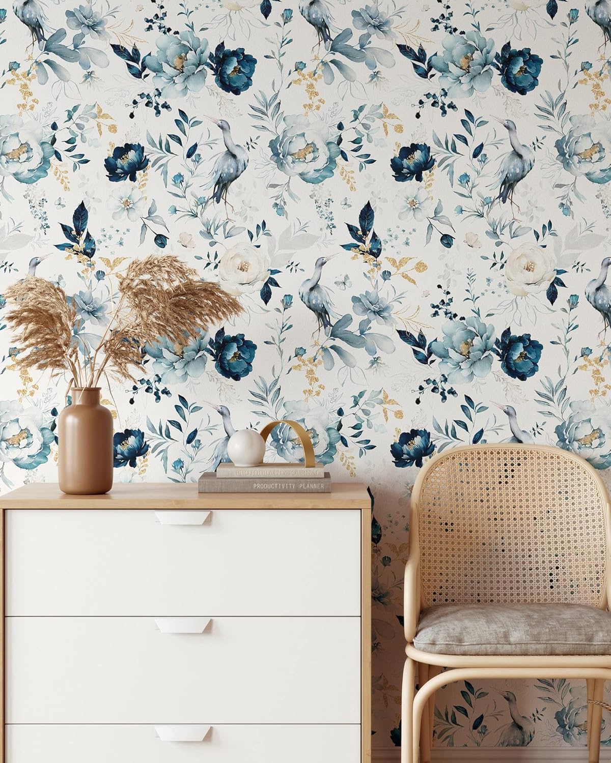 Blue Garden Wallpaper with Birds | Removable Self Adhesive Watercolor Botanic Wallpaper | Floral Peel and Stick Wallpaper (1 roll 24" W x 96" H)