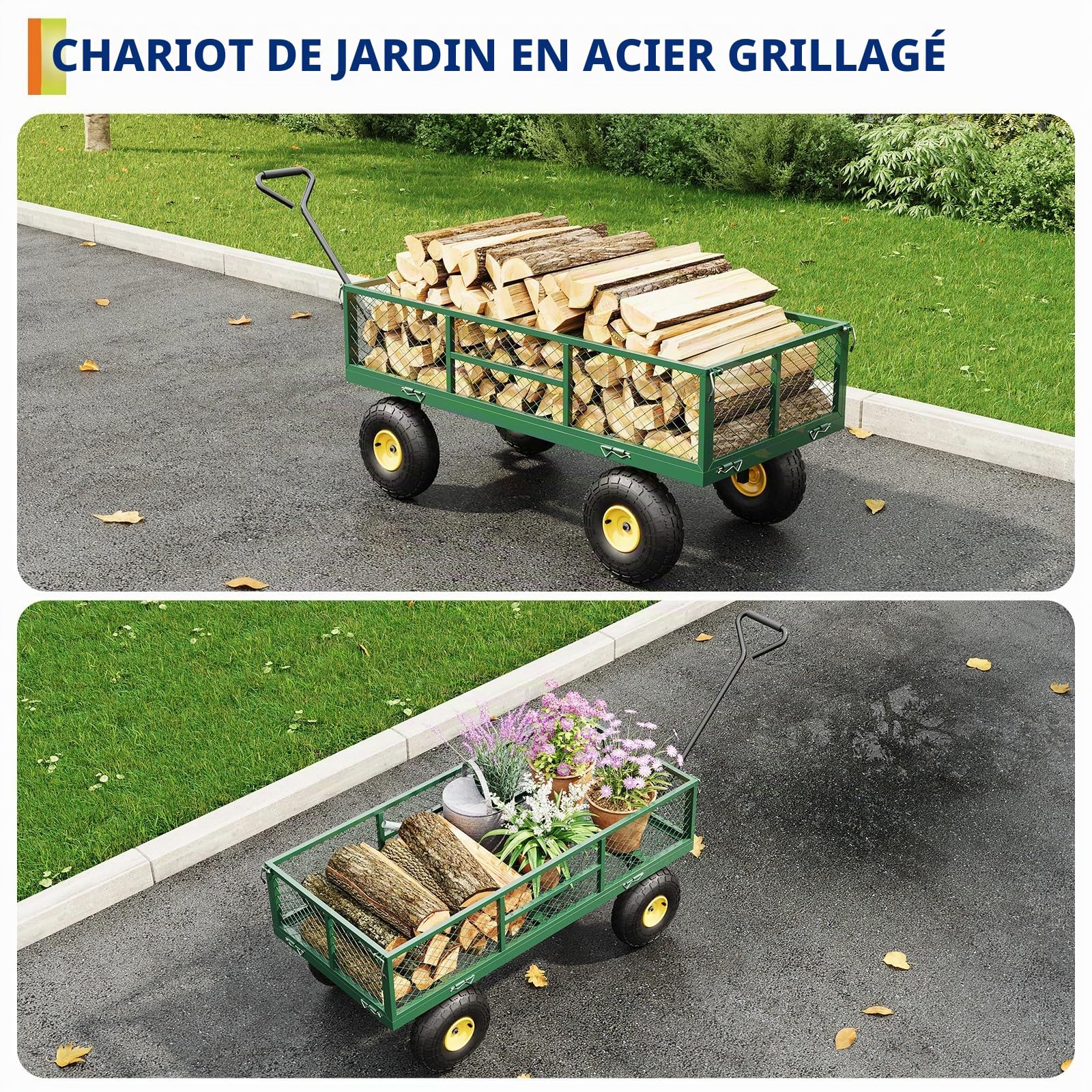 Garvee Chariot de Jardin Robuste 900LBS – Sides en Maille Amovibles – Poignée réglable – Pneus 25 cm – Corps Vert, poignée Noire, Rayons Jaunes