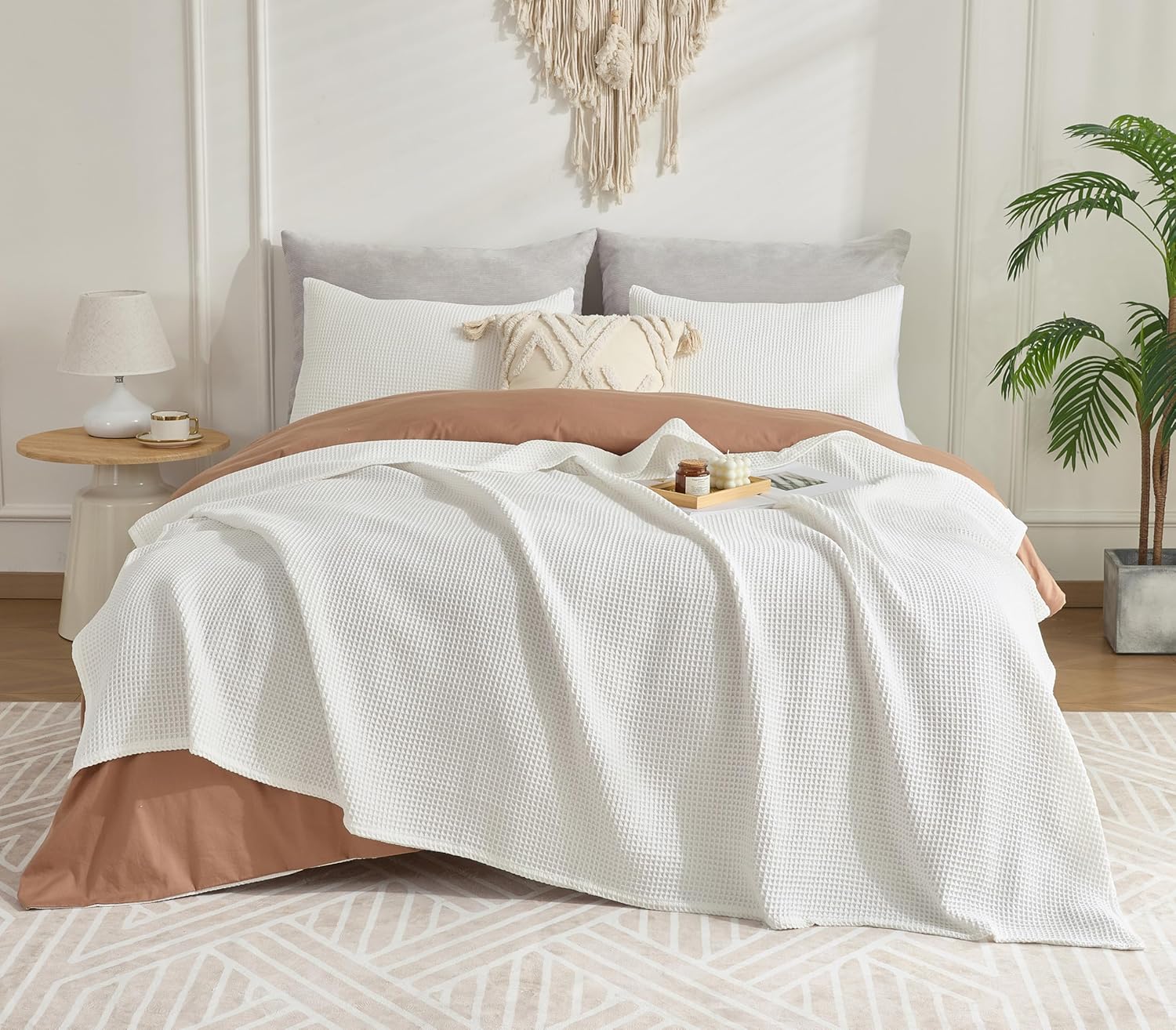 Chlophy Waffle Weave Throw Blanket Twin Cotton Bamboo Cooling Throw Cozy Lightweight Breathable Knit Decorative for Couch, Sofa, Bed, Living Room, White, 60"x80"