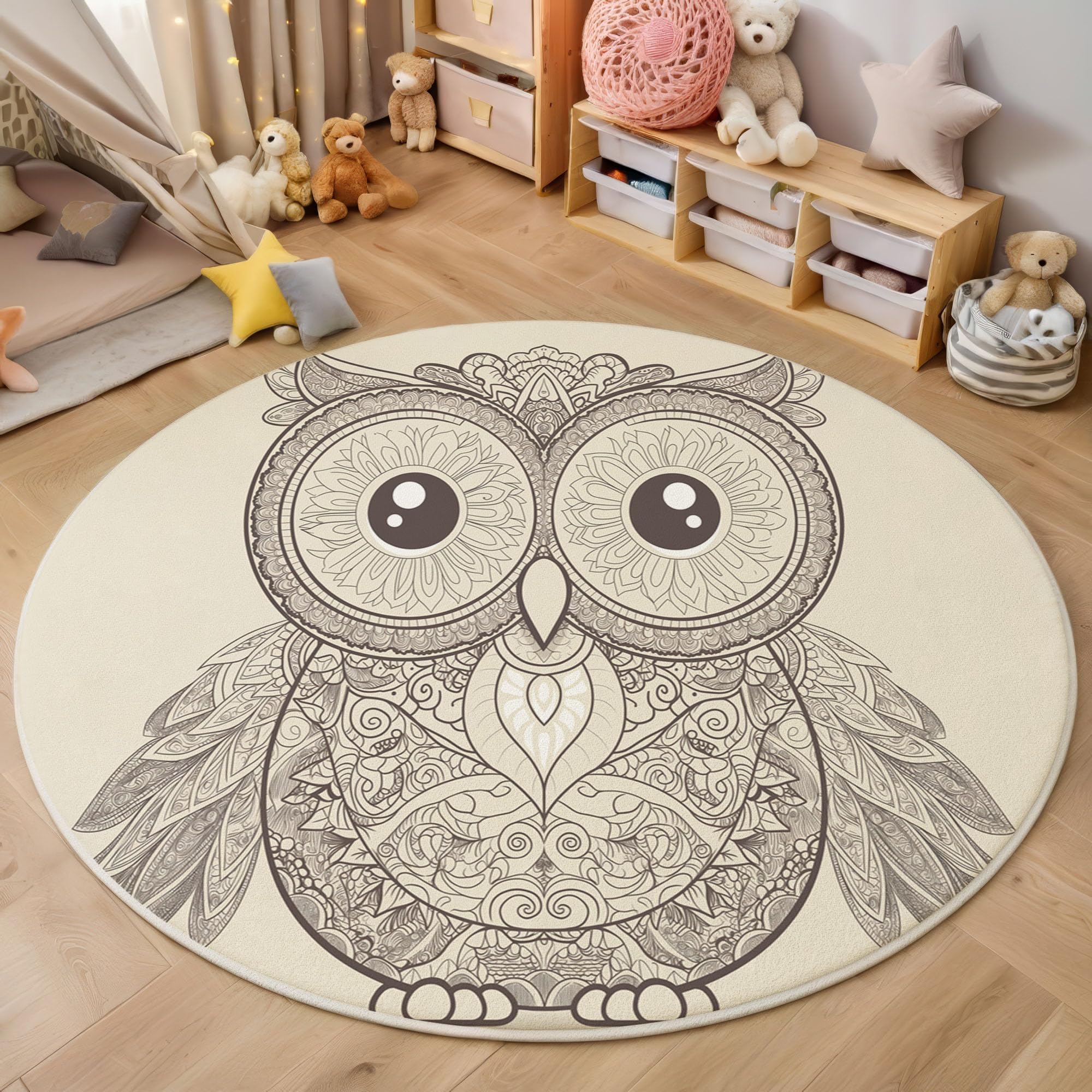 Gufo Animale Tapis Rond Antidérapant, Mandala Tapis Ronde De Salon Doux Antidérapant pour Décoration Salle à Manger Chambre Canapé (160cm, Grigio)