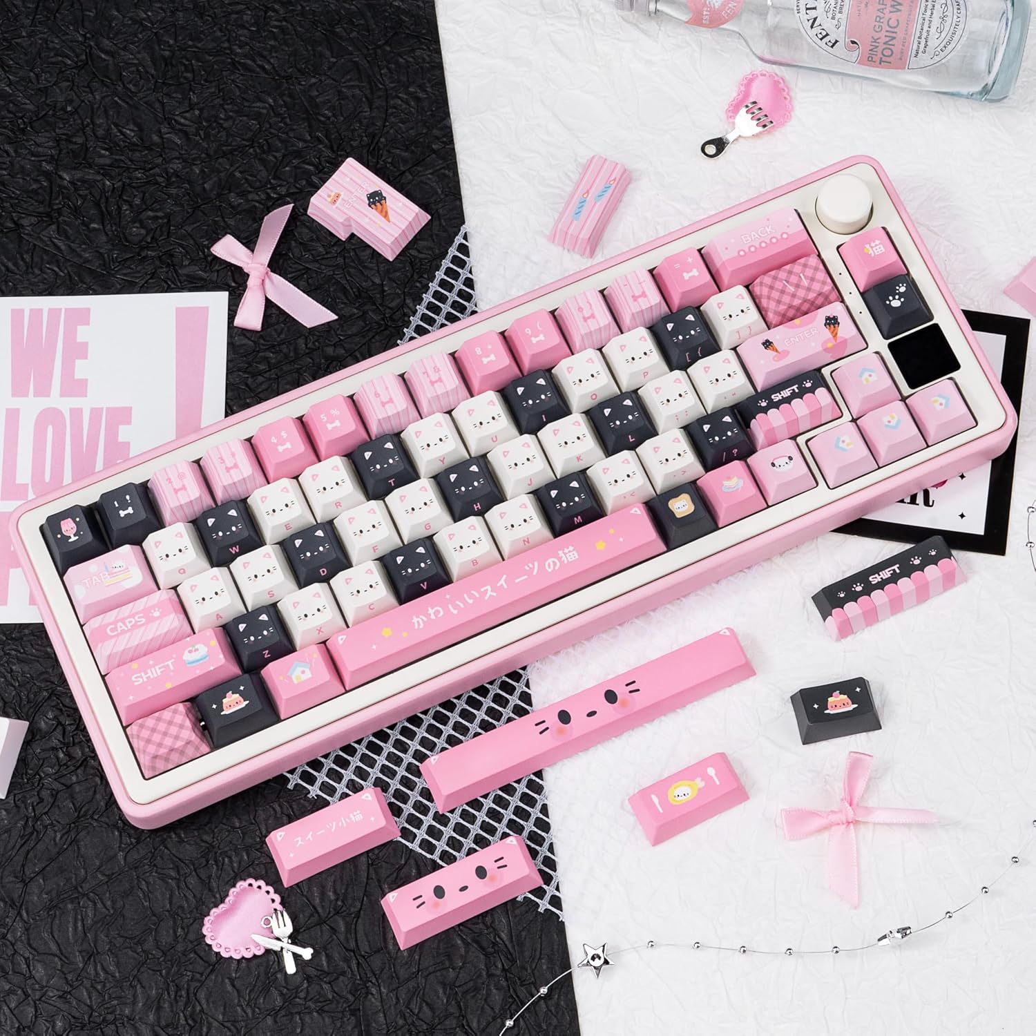 PBT Keycaps 145 Keys Cute Cat Keycaps Dye-Sublimation Pink Black Keycap Cherry Profile Custom Keycap for Cherry Gateron MX Swithes Mechanical Gaming Keyboards