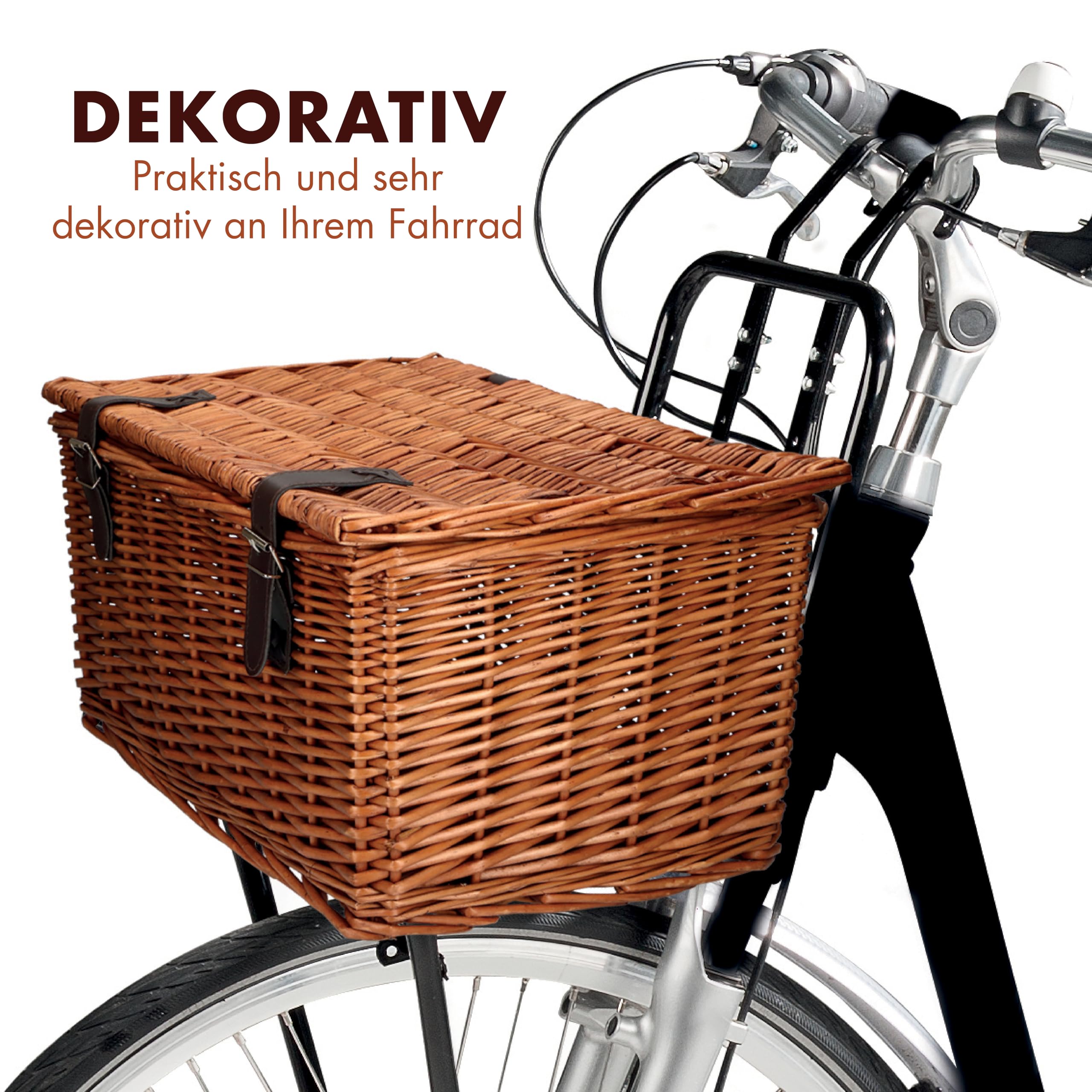 Bicycle Gear Kosz wiklinowy do przechowywania roweru, kosz rowerowy, 30 l, 45 x 30 x 25 cm, przedni kosz na rower, akcesoria rowerowe, kosze rowerowe dla kobiet, brązowa skrzynia na rower