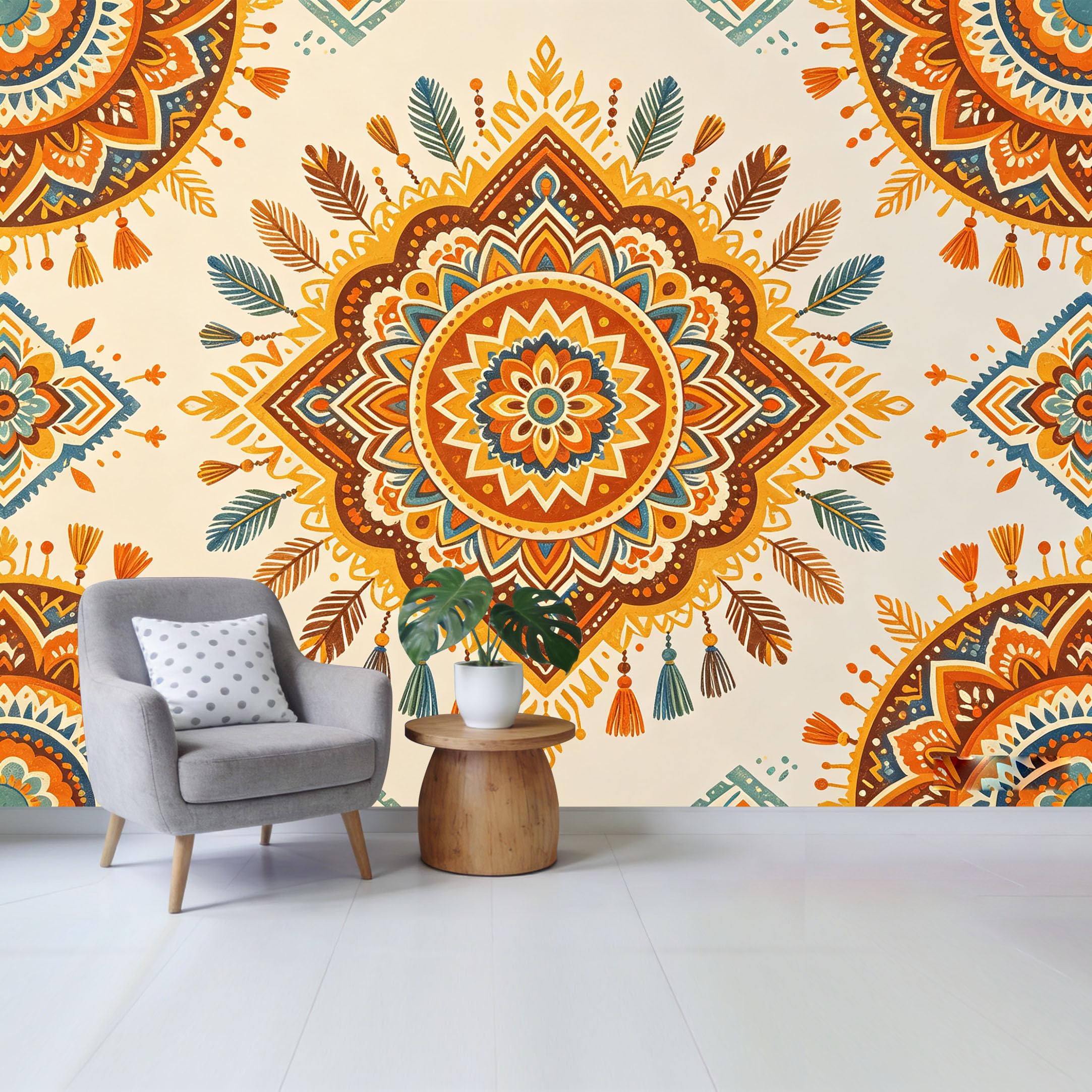 Qzlithotic Yq2605250190 Custom Size Wall Mural Bohemian Feather Ethnic Pattern Watercolor Texture Selfadhesive Wall Fabric Removable Wallpaper For Home Office Decor