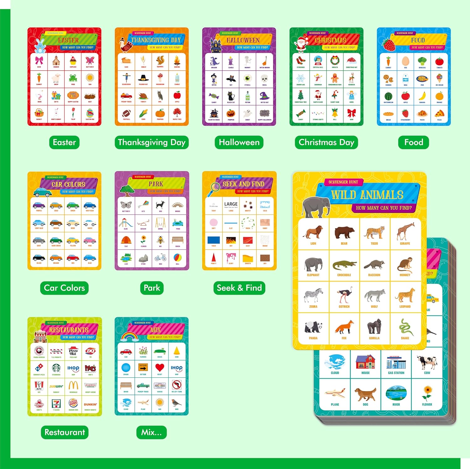 Road Trip Bingo Game, 30 Double-Sided Game Boards (Animal, Holiday, Building, Vehicle Themes), Dry-Erase Scavenger Hunt Bingo Games for Road Trip, Car Travel, Outdoor Activities for Kid, Adult