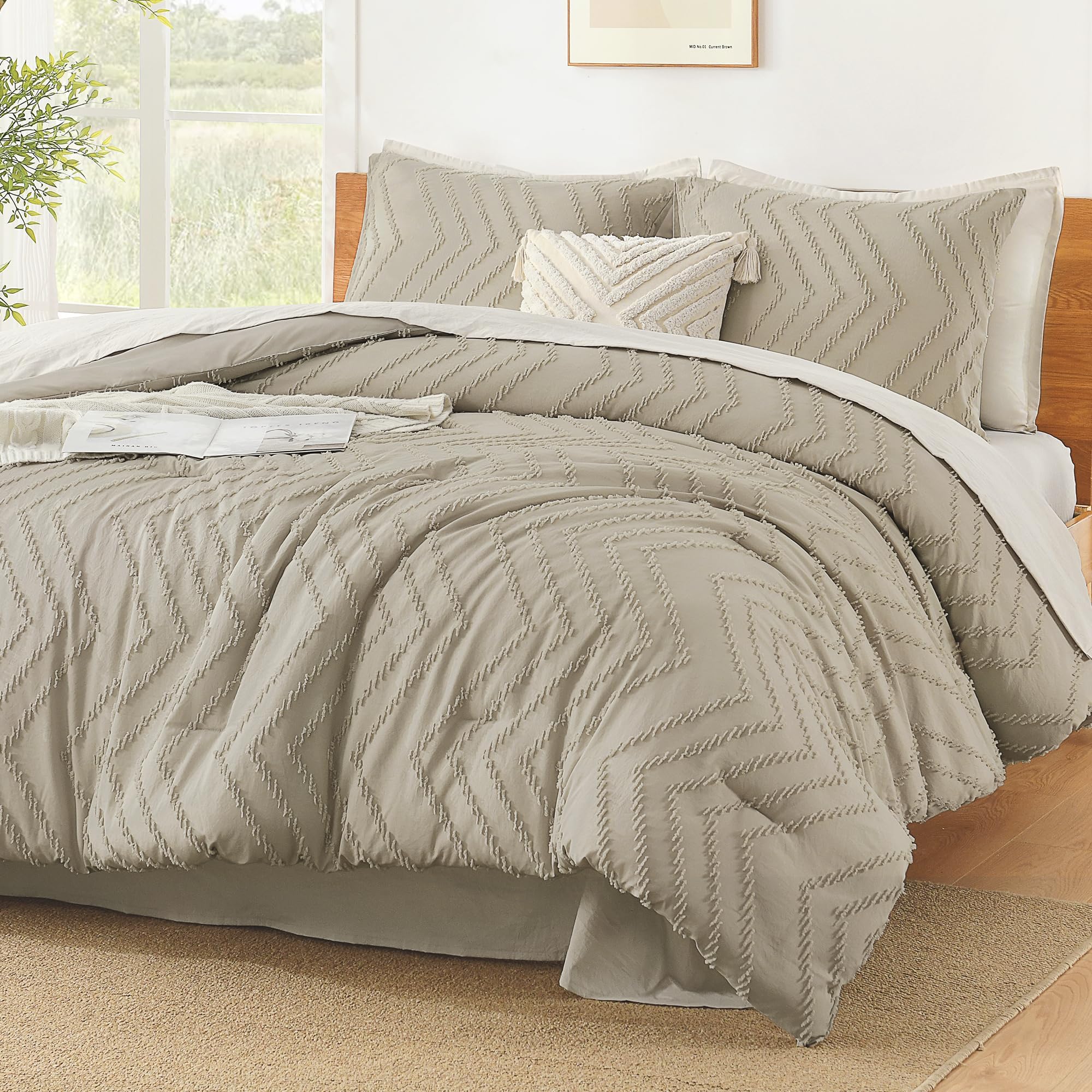 Litanika Oatmeal Super King Comforter Set, 3 Pcs Boho Tufted Bedding Set