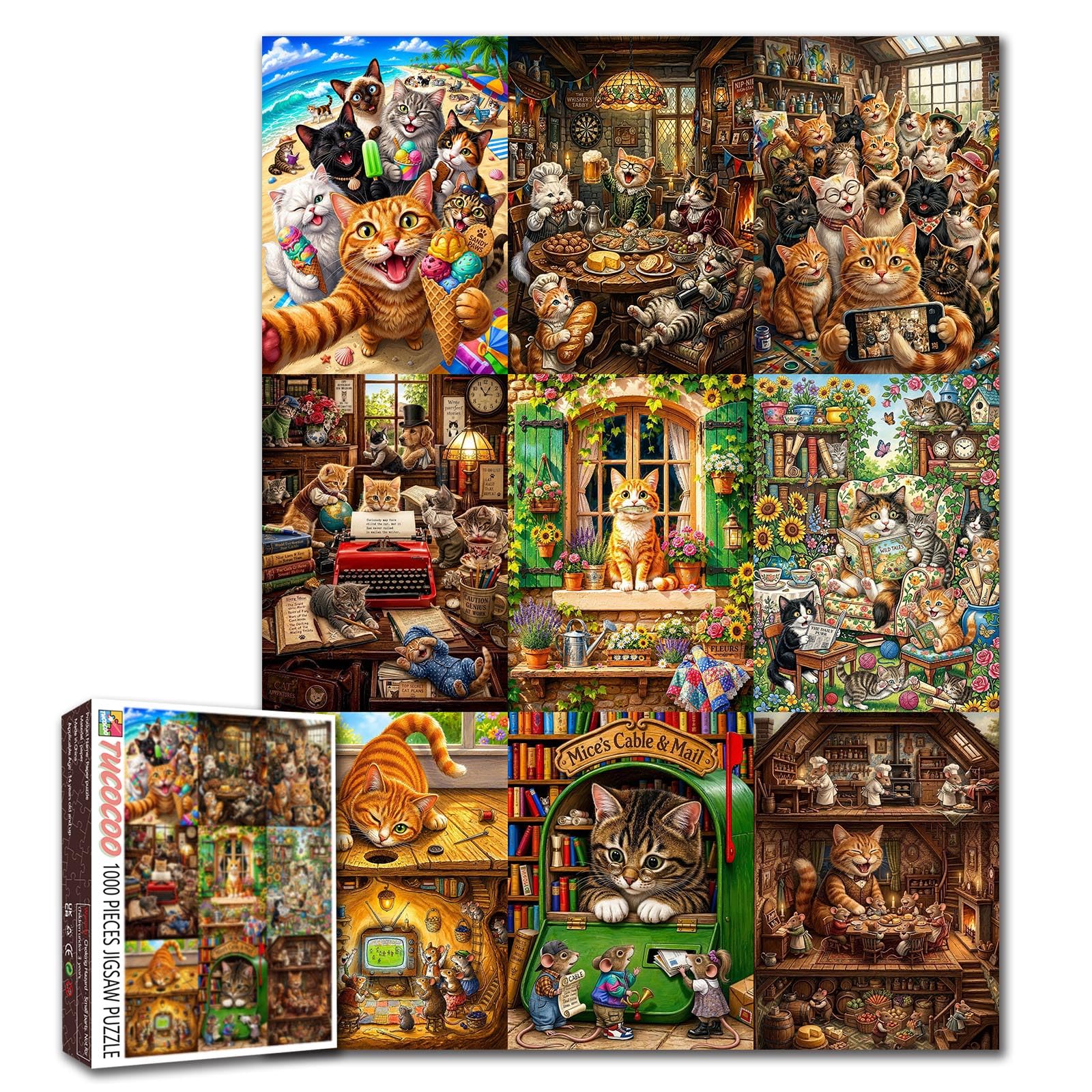 Cat Puzzle 1000 Pieces for Adults, Funny Cats Collage Jigsaw Puzzle with Cozy Home Scenes Colorful Kittens and Whimsical Animal Artwork, Challenging Family Activity, Cat Lover Gift and Home Decor โ image 1