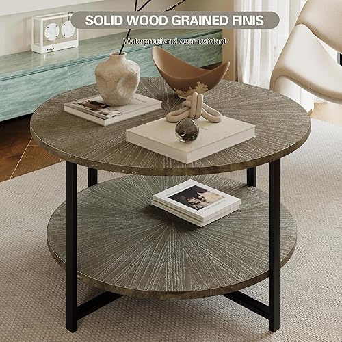 Miniatura 3 de Mesa auxiliar redonda con almacenamiento, mesas de centro de madera de 31.5 pulgadas de 2 niveles para sala de estar, mesa central moderna de