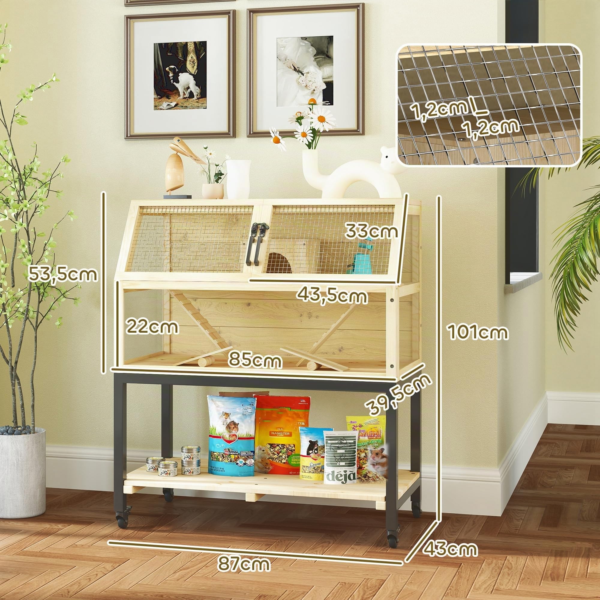 PawHut Cage Hamster Nain en Bois Naturel 87x43x101 cm | Cage pour rongeurs avec étagère, bouteille d'eau, cabane, bascules, roues, rampes