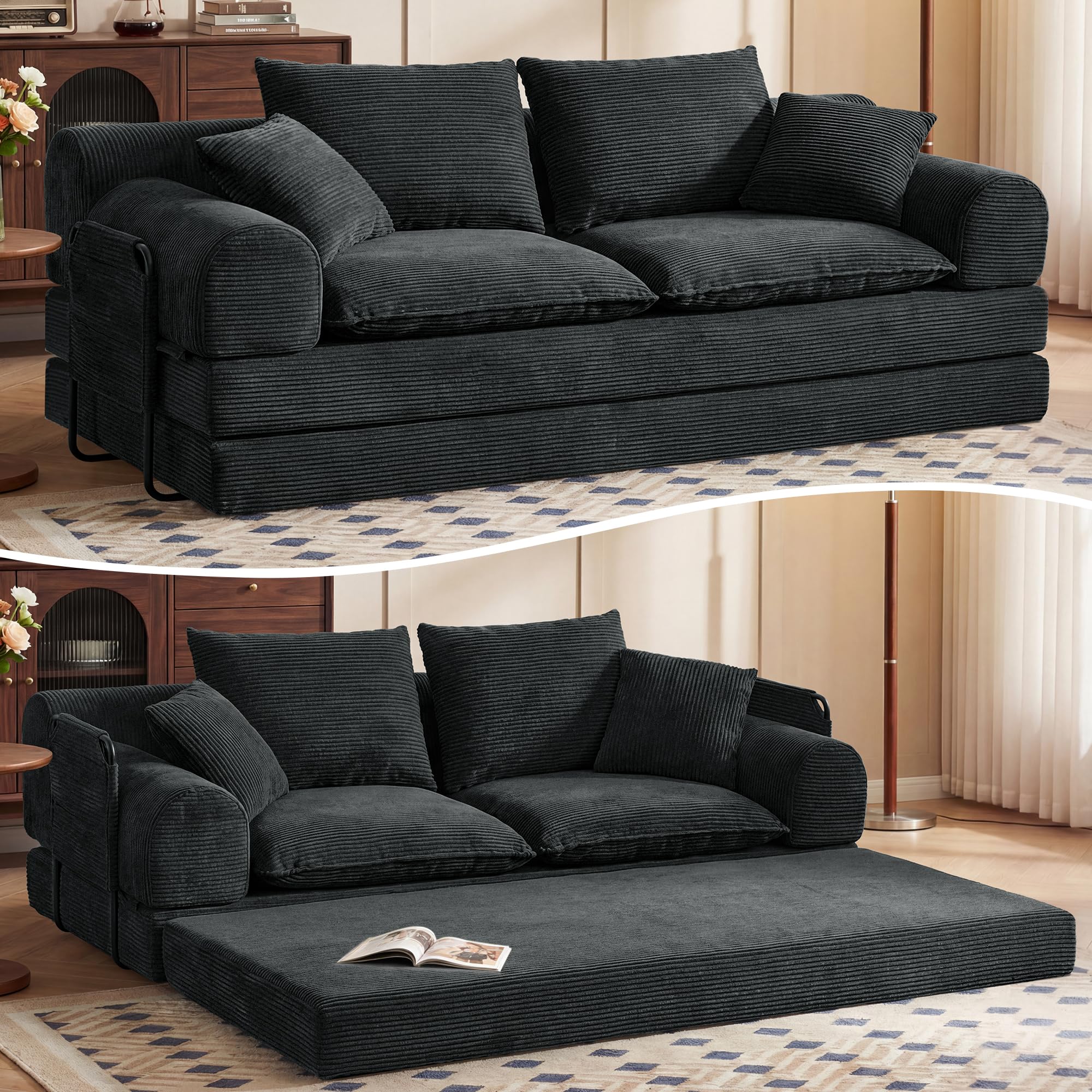Vipbear Schlafsofa 201cm Breit, Boneless Couch mit Schlaffunktion Cord Sofa | 5-in-1 Bodensofa, 3 Sitzer Boneless Schlafcouch, Cloud Modulares Sofa Bed für Wohnzimmer Schlafzimmer Lounge Schwarz