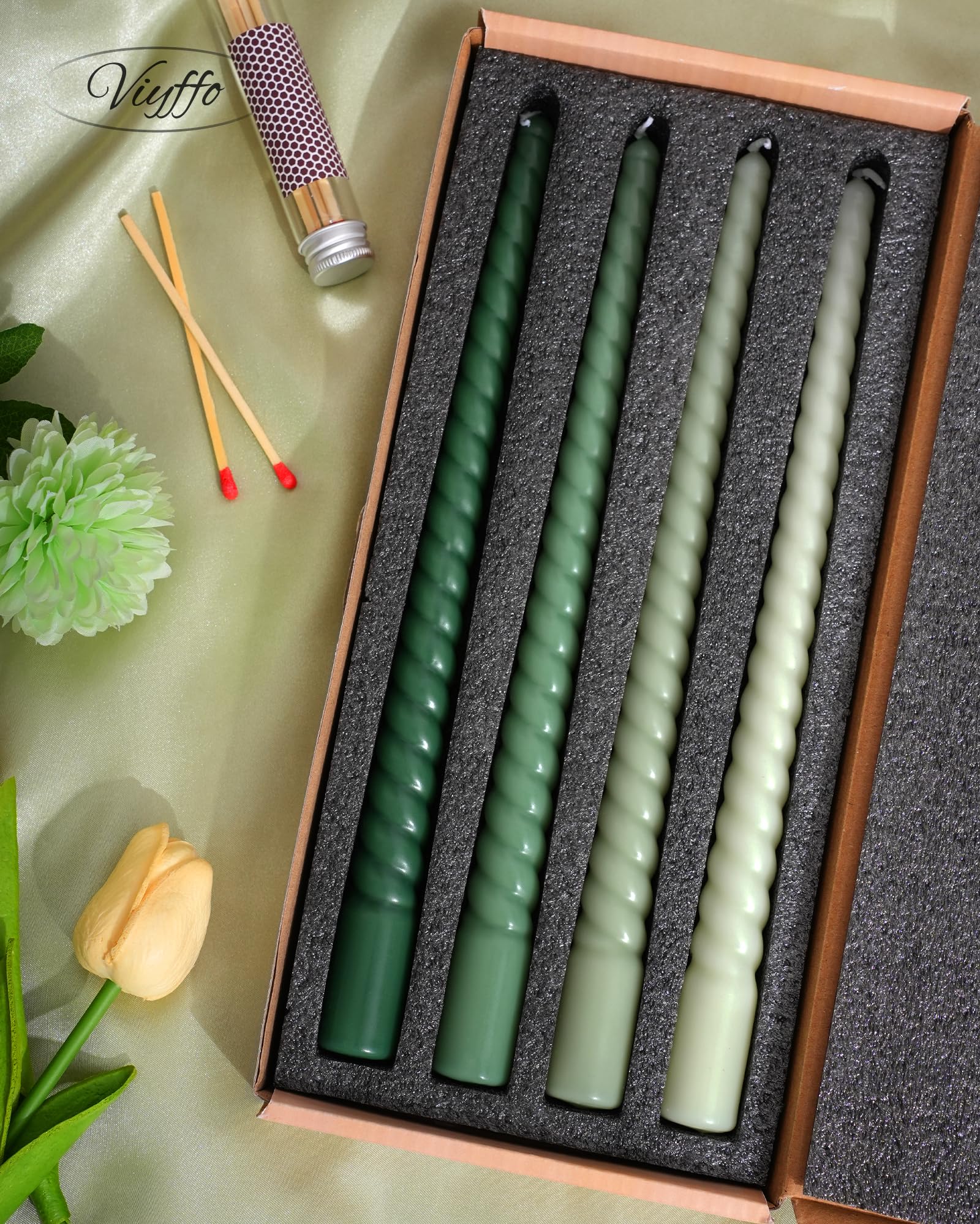 Viyffo Spiral Taper Candles 11 Inch – 4 Pack Green, Dripless, Unscented, Smokeless – 9 Hour Burn – Tall Candlesticks for Wedding, Dinner, Holiday, Party, Home Decor