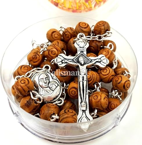 Miniatura 2 de COLLAR ROSARIO CATóLICO BENDITO, cuentas talladas en madera de olivo con suelo de Jerusalén y cruz en caja de regalo