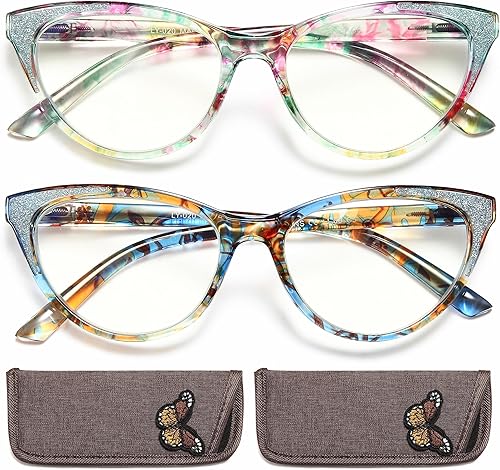Gafas de lectura de ojo de gato para mujer, paquete de 2 lentes de lectura ultraligeras con bloqueo de luz azul para computadora, reducen la fatiga
