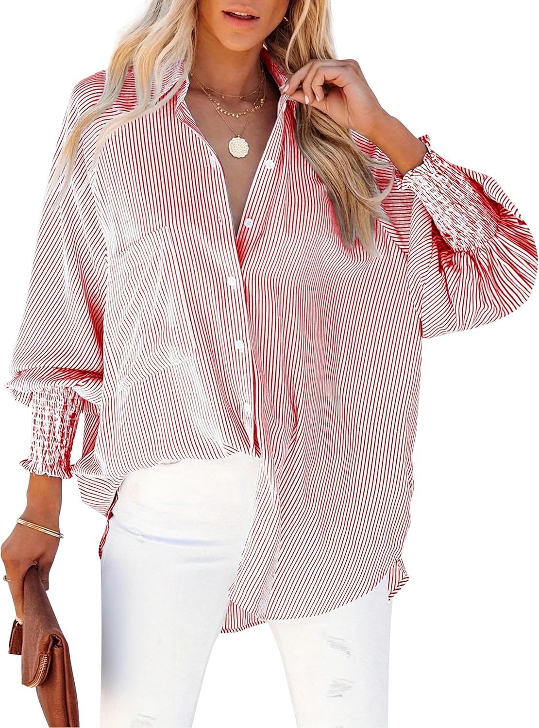 HOTEVE Women's Wrinkle-Resistant Smocked Cuffed Striped Button Shirt with Pocket Oversized Casual Boyfriend Blouse