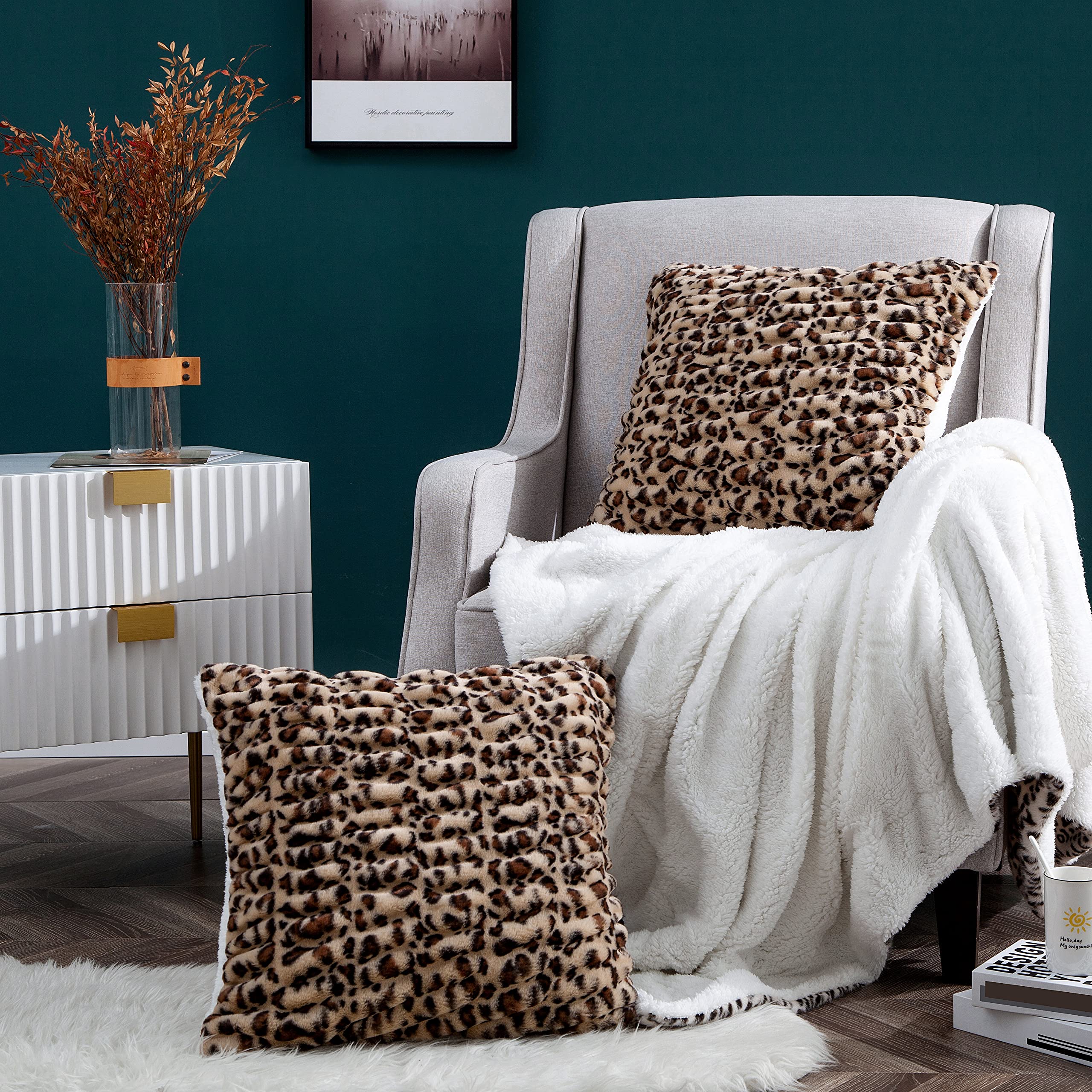BYTIDE Pack of 2 Faux Fur Luxury Ruched Throw Pillow Covers Set 20" x 20", Brown Leopard Plush Fuzzy Furry Soft Cozy Thick Warm Decorative Square