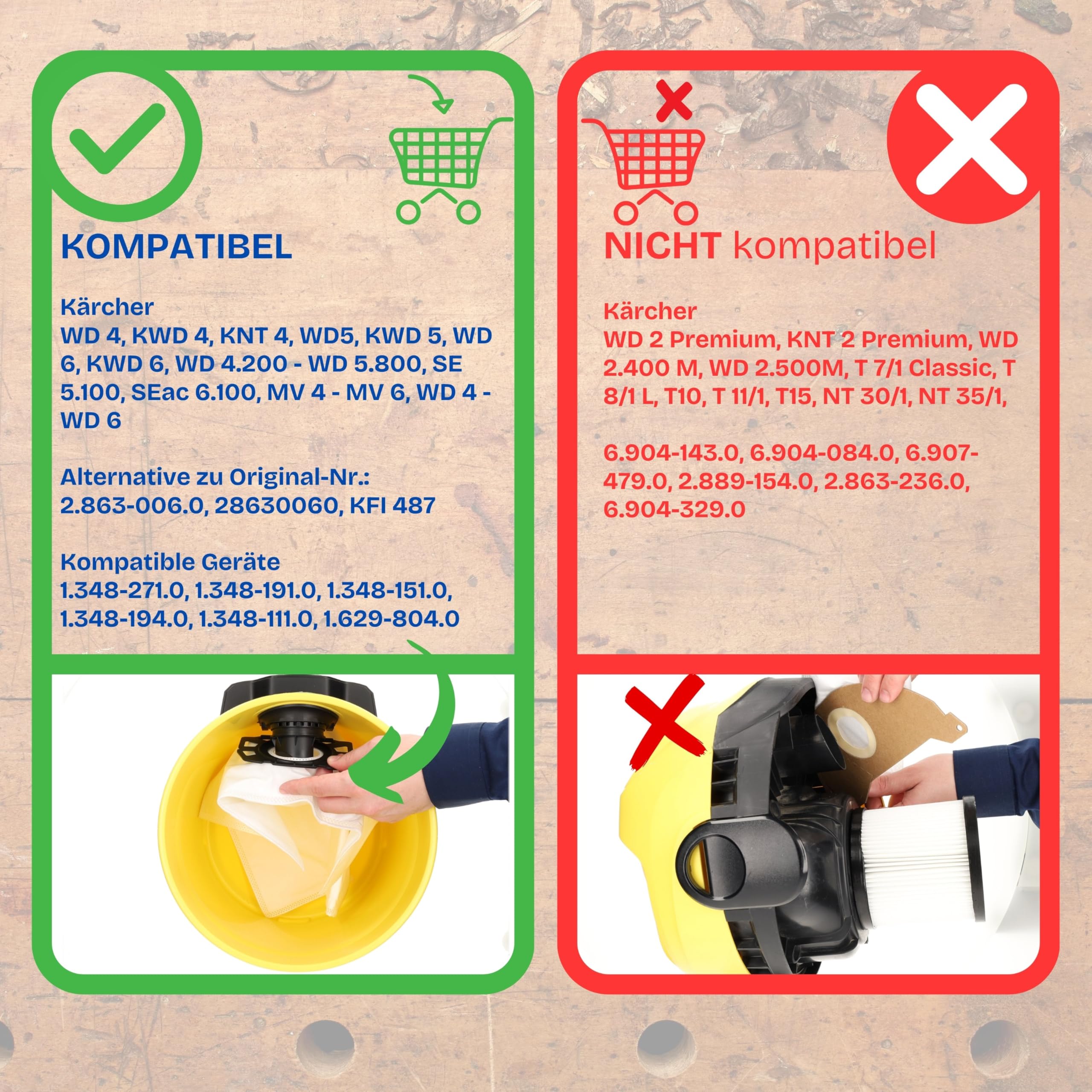 VIOKS 8 sacchetti per aspirapolvere di ricambio per Kärcher 2.863 – 006.0 KFI 487 – Sacchetti filtro Kärcher in tessuto non tessuto per aspirapolvere per aspirapolvere a secco WD4 WD5 WD6 MV4