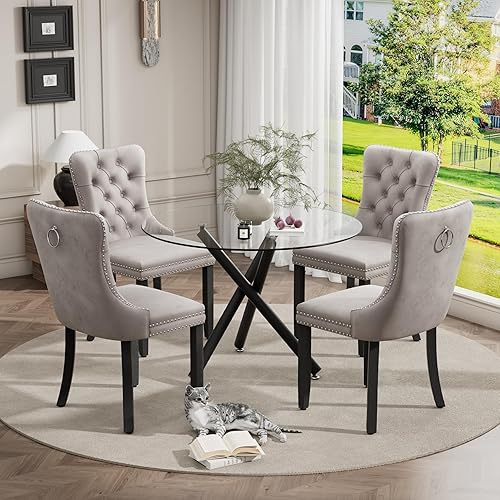 Miniatura 41 de Juego de mesa de comedor redonda dorada de 5 piezas, moderno juego de cocina circular de lujo para 4, 36 pulgadas, transparente, minimalista