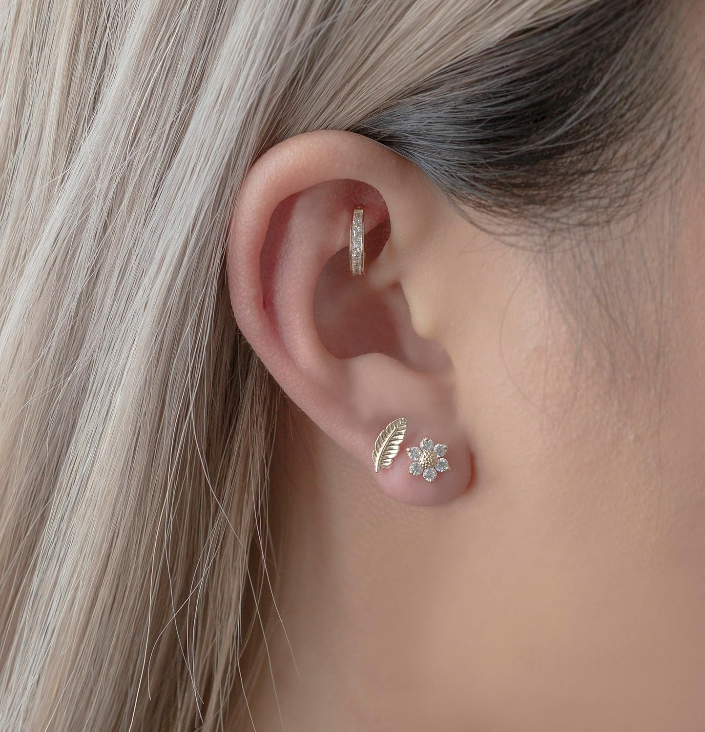 ANYGOLDS 14K REAL Solid Gold Leaf Cartilage Daith Helix Tragus Conch Rook Snug Ear Post Stud Piercing Earring Body Jewelry 18 Gauge - 1 PCS