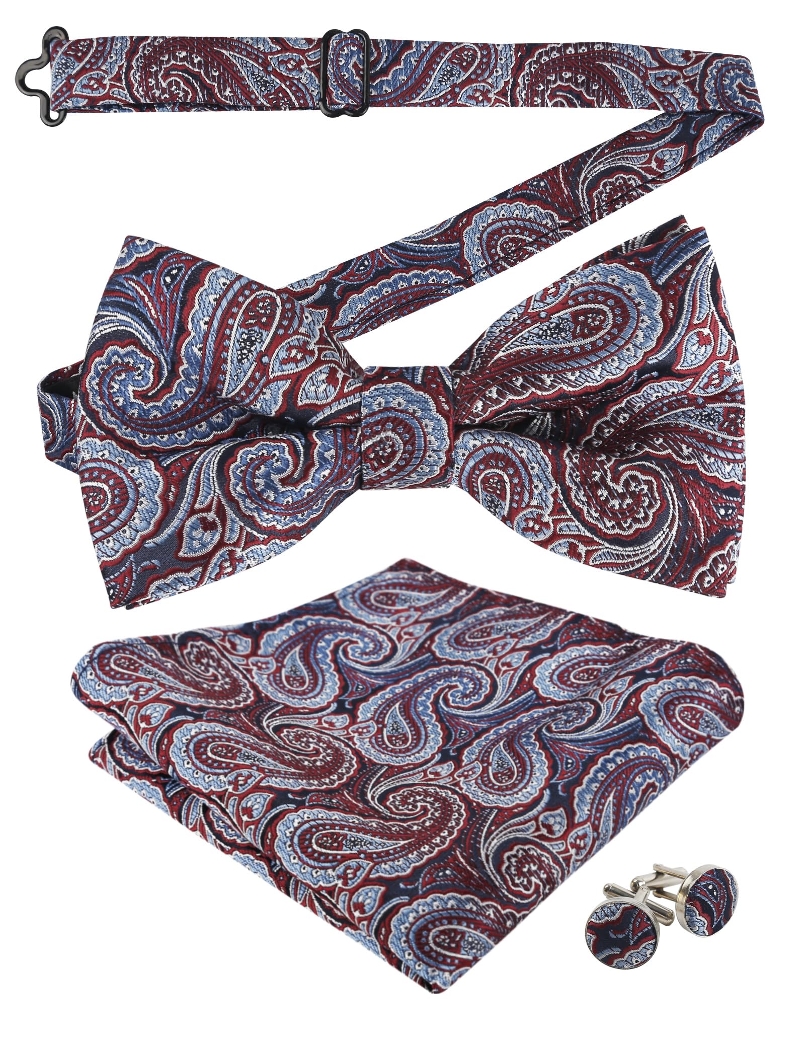 Alizeal Mens Paisley Bow Tie, Pocket Square, Cufflinks Set