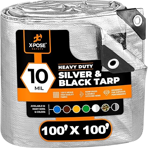 Heavy Duty Poly Tarp - 100' x 100' - 10 Mil Thick Waterproof, UV Blocking Protective Cover - Reversible Silver and Black - Laminated Coating - Grommets - by Xpose Safety