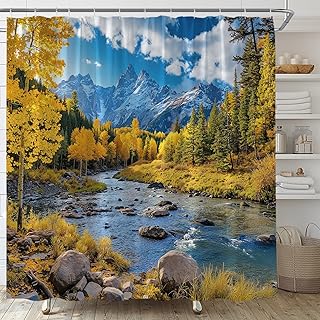 Mountain Shower Curtain Nature Mountain Forest Landscape Pine Tree Stream Country Park Scenery Polyester Fabric Bathroom Decor Set with Hooks(70" WX70 H)