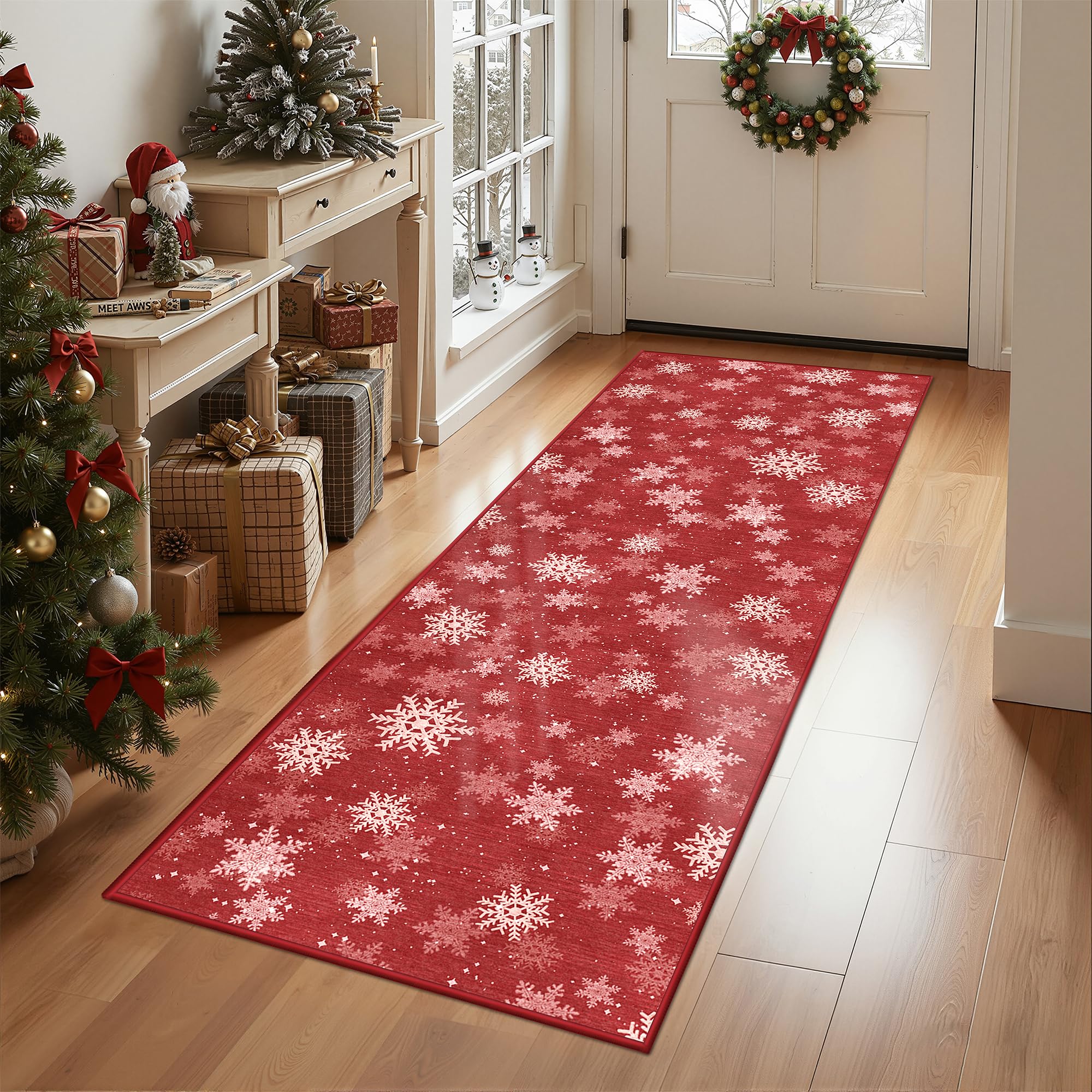 Restydon 2x6 Runner Rug Non Slip for Entrance, Washable Christmas Kitchen Rugs, Ultra-Thin Snowflake Bathroom Rug Runner, Soft Red and White Christmas Decor Indoor(2'x6', Red/White) — image 1