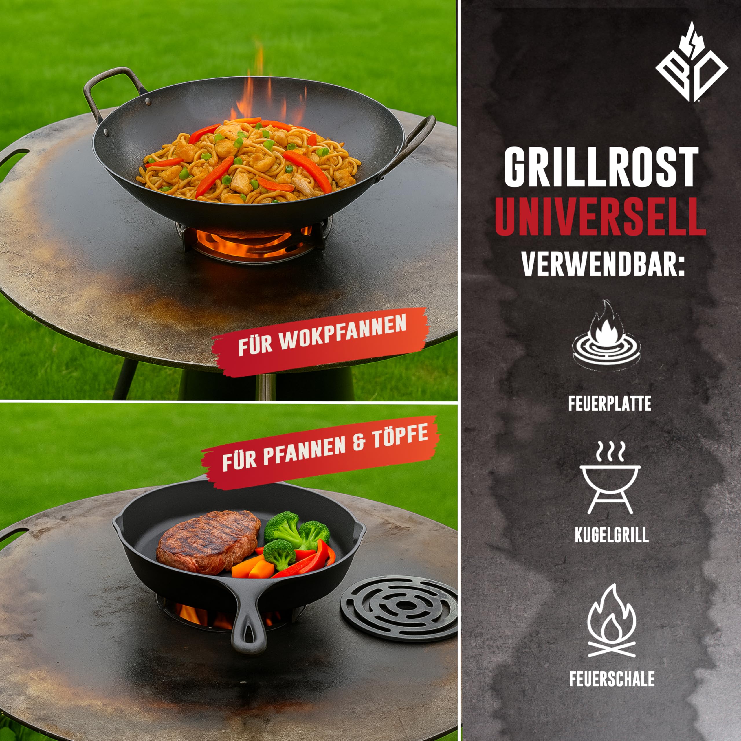 Wok- & Pfannenhalter (Aufsatz) für Feuerplatte ⌀ 20cm (MADE IN EUROPE) - Grillaufsatz & Grillrost für Feuertonne & Kugelgrill (rund) legierter Stahl mit abnehmbaren Rost (Zubehör)