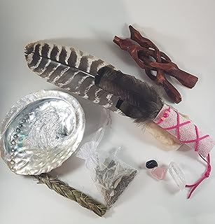 Smudge Kit – Organic Loose Sage Smudge With Cedar, Sweetgrass & Lavender, Abalone Shell, Wooden Tripod Stand, Sweetgrass Braid, 3 Stones, Quartz Point, Rose Quartz, Black Obsidian & 14.5" Wild Turkey Wing Feather! Healing, Purifying, Meditating, Incense & Cleansing