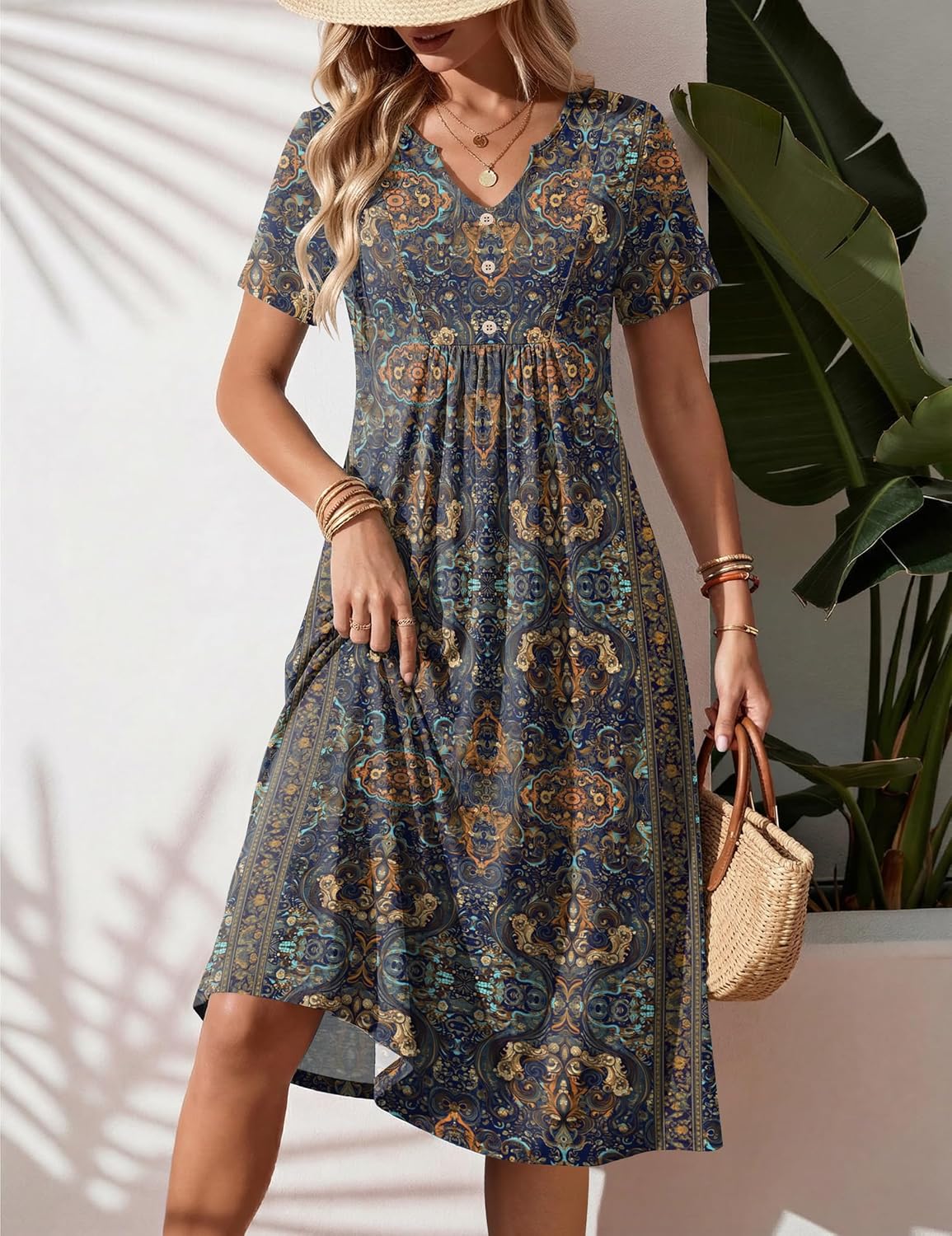 Zeagoo Women Summer Dresses Casual Short Sleeve Midi Dress with Pockets Floral A Line V Neck Beach Vacation T Shirt Sundress - Image 3