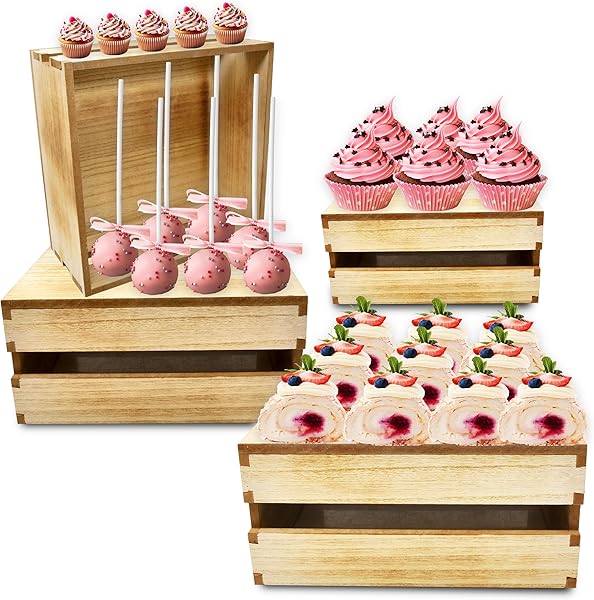 Set of four rustic wooden buffet display risers in graduated sizes