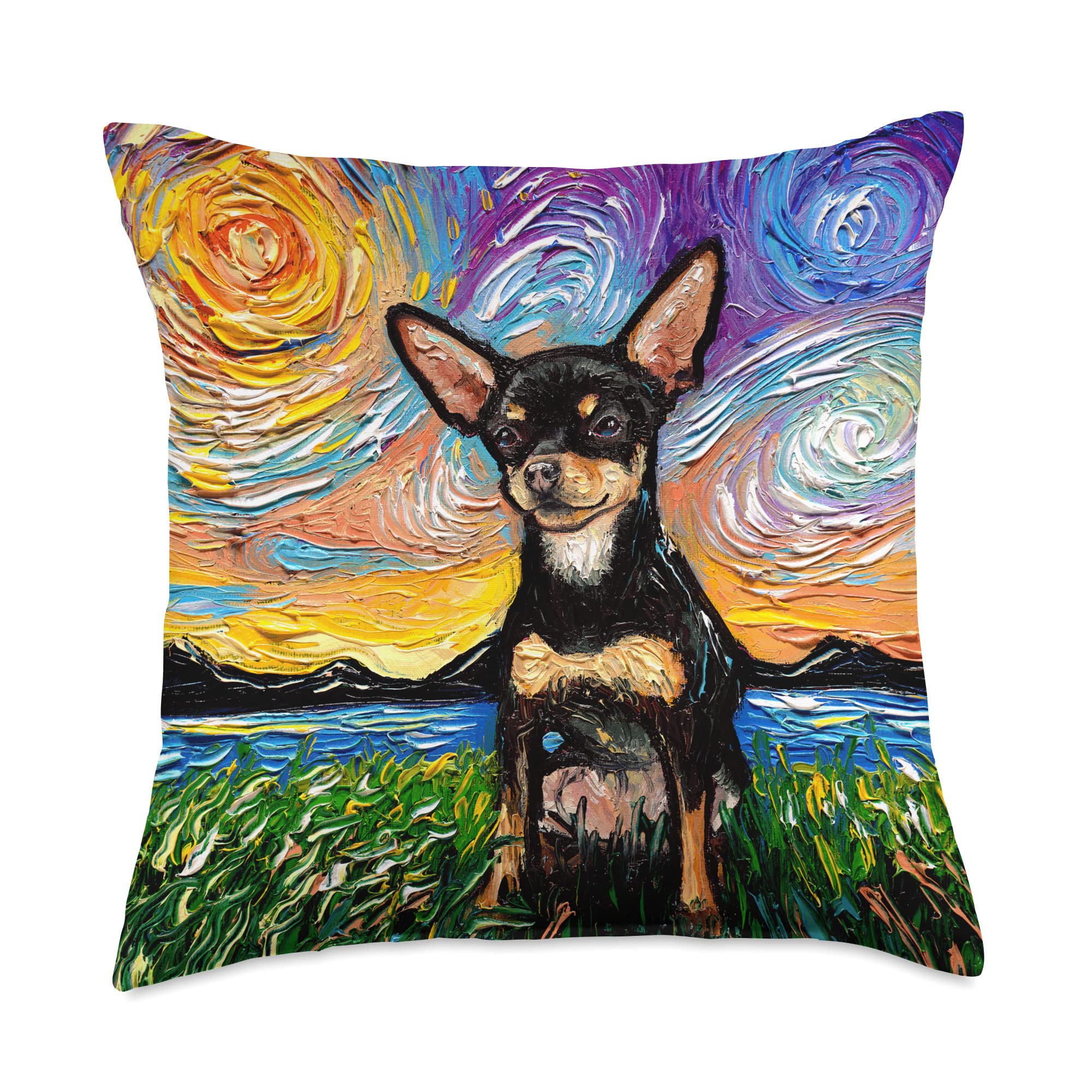 Black and Tan Smooth Chihuahua Starry Night Dog Art by Aja Throw Pillow