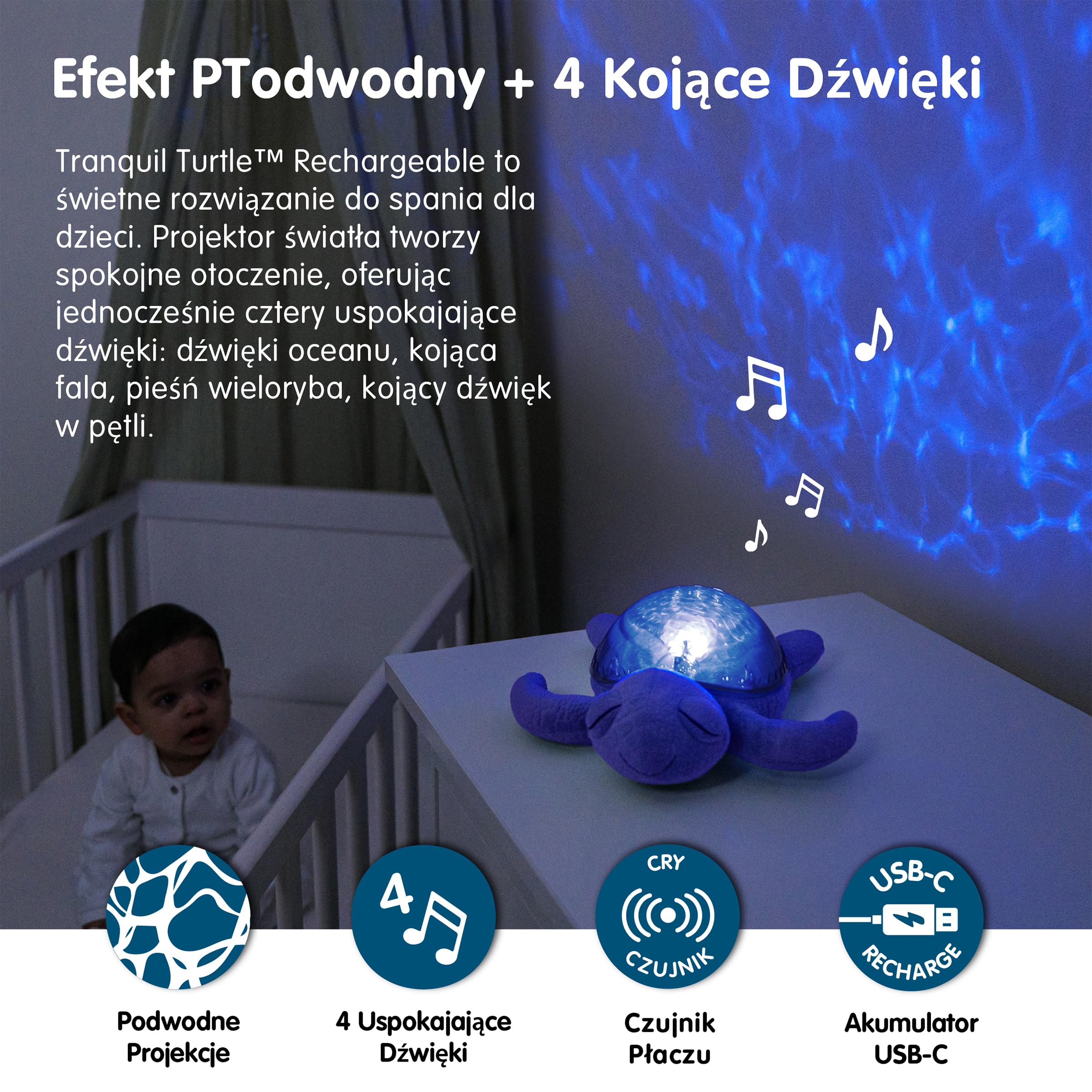 Cloud b Lampka nocna dla niemowląt projektor oceanu | 2 białe dźwięki + 2 uspokajające dźwięki | regulowane światło + automatyczne wyłączanie | Tkanina z recyklingu | Tranciil Turtle Ocean (możliwość