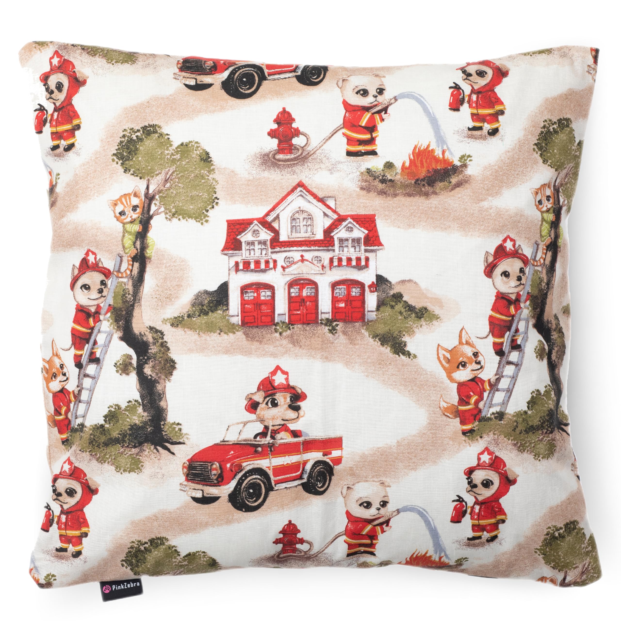 PinkZebra 80 x 80 cm Kopfkissenbezug, Kissenbezug aus 100% Baumwolle, Kissenhülle, Öko-tex Standard 100, Kinderbezüge mit Reißverschluss, Feuerwehr Tiere