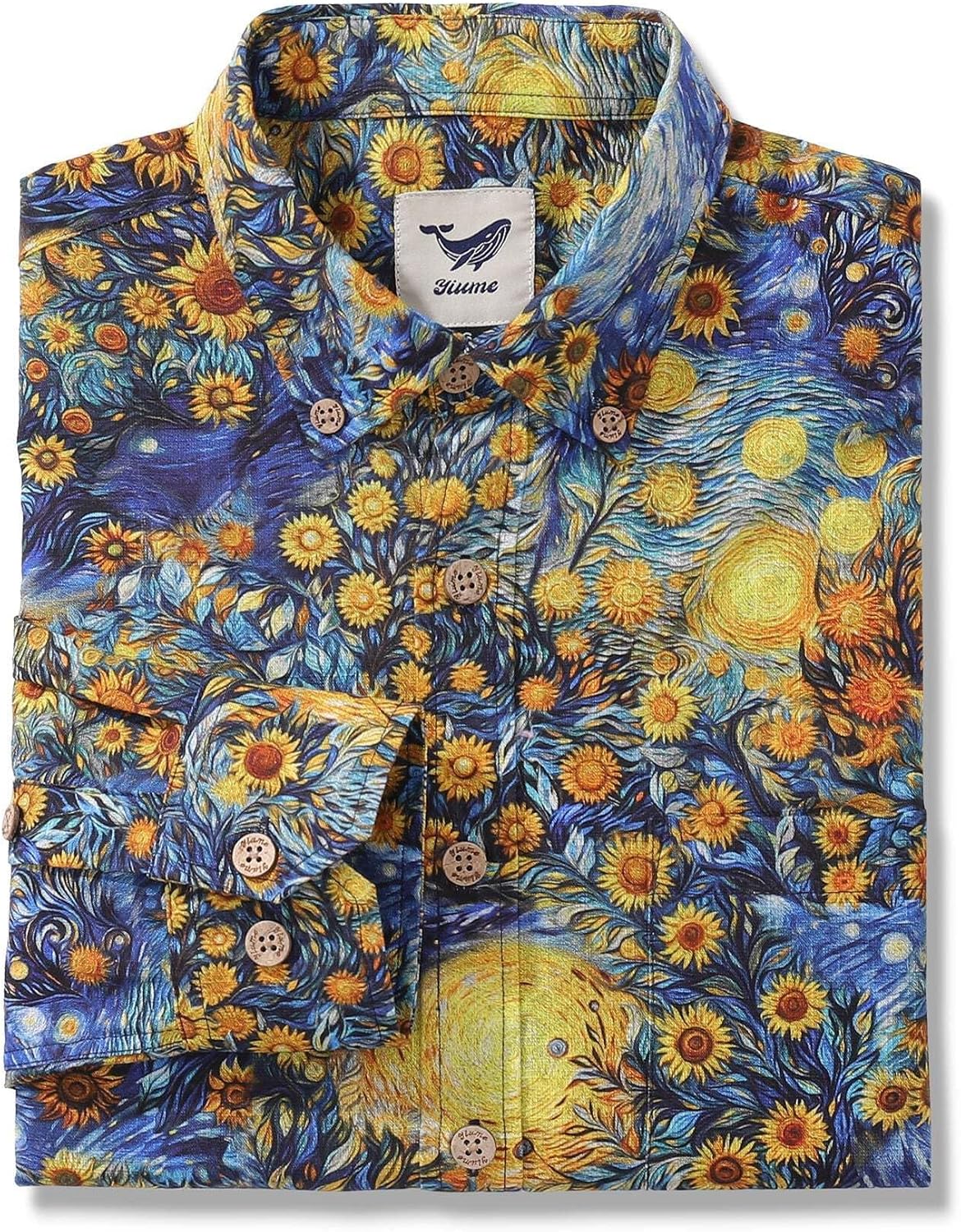 Long Sleeve Hawaiian Shirt for Men Van Gogh Sunflower Cotton Button-Down Aloha Shirt