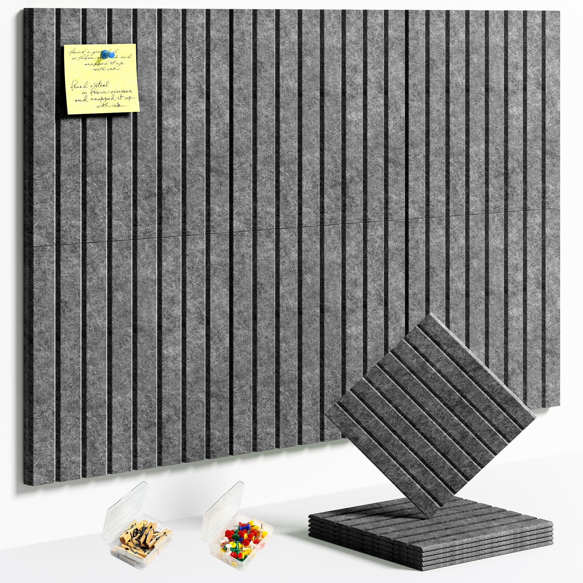 HyFanStr Felt Slatted Bulletin Board, 9mm Extra Thick Pin Board for Walls, 90 x 60 cm-6 Pack Large Cork Board Alternative with Nano Adhesive Hardware for Home Office Kitchen School Decor — image 1