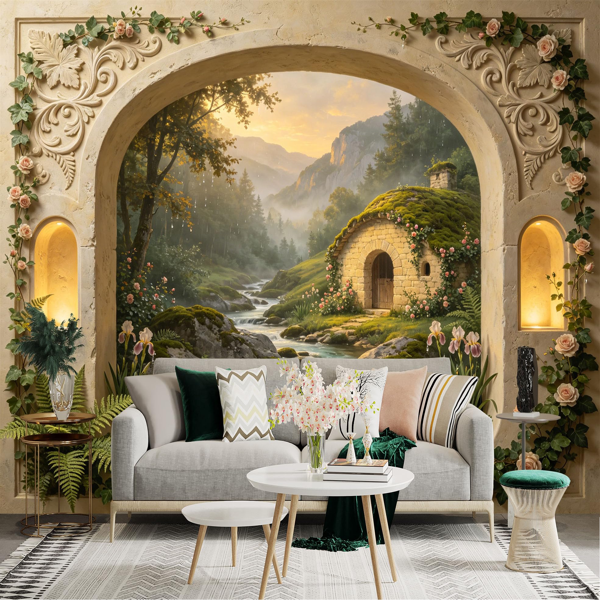 Custom Size Wall Sticker Mural， Stone Cottage by River with Forest， Mountains and Sunset， for wall Decoration， peelandstick wall Decals.