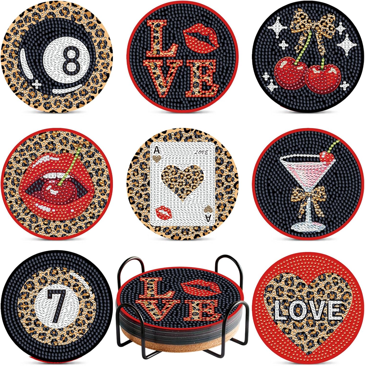 8Pcs Leopard Print Diamond Painting Coasters Leopard Cherry DIY Diamond Art Coaster Kit with Holder Cherry Cheetah Drink Coasters DIY Coaster Art Crafts for Coquette Disco Gifts Supplies Table Decor