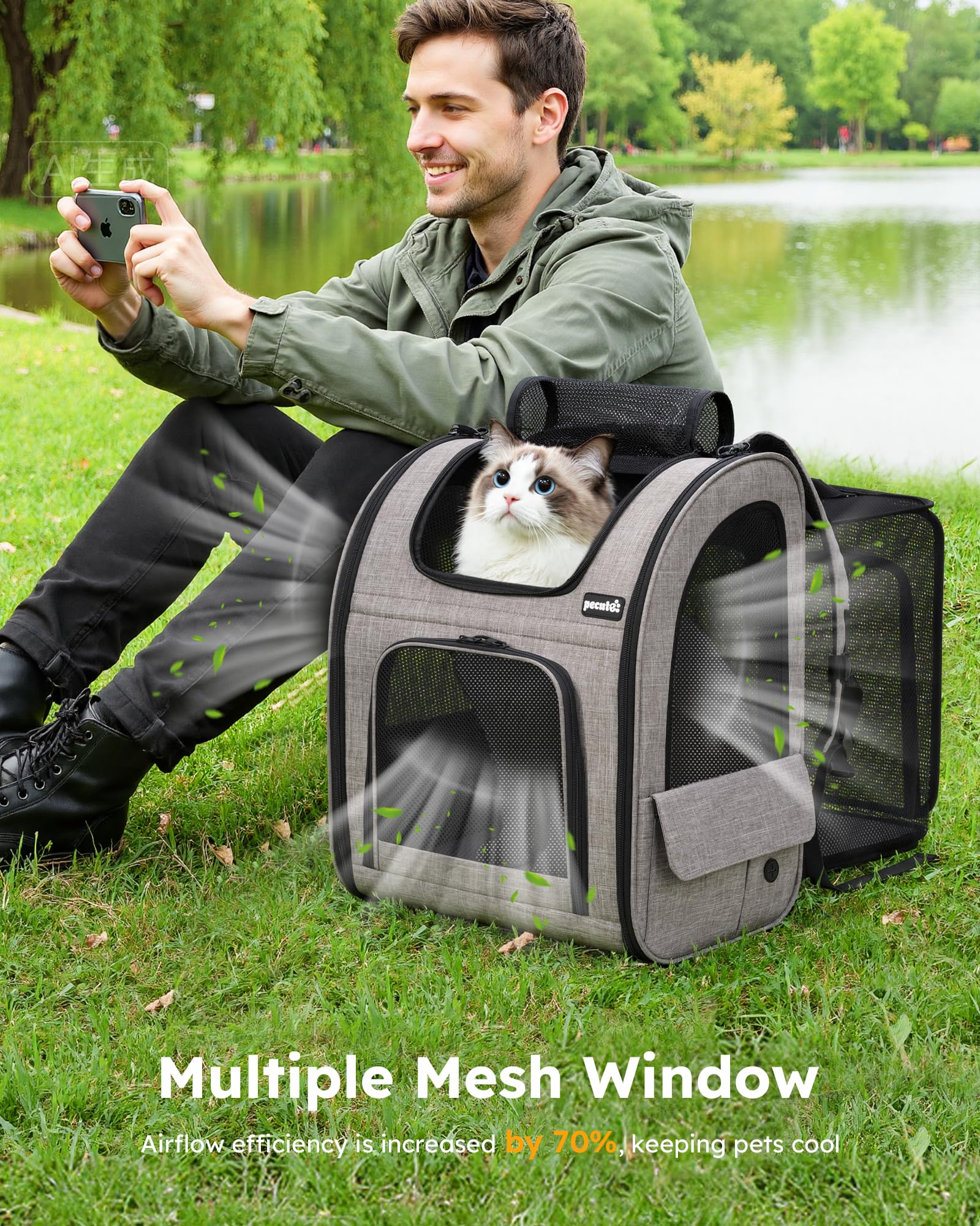 Pecute Cat Backpack Carrier XL, ExpandablePet Backpack for Cats & Small Dogs Up to 15lbs, with 4-Side Breathable Mesh, Multi-Entry & Lockable Zippers for Travel, Hiking, Camping - Hands Free, Khaki - image 7