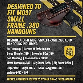 The Defender Leather IWB Holster - Made in USA - Fits Ruger LCP, LCP2, Sig P238, P290, S&W Bodyguard .380 and Most .380\'s - Made in USA - Black Right Handed