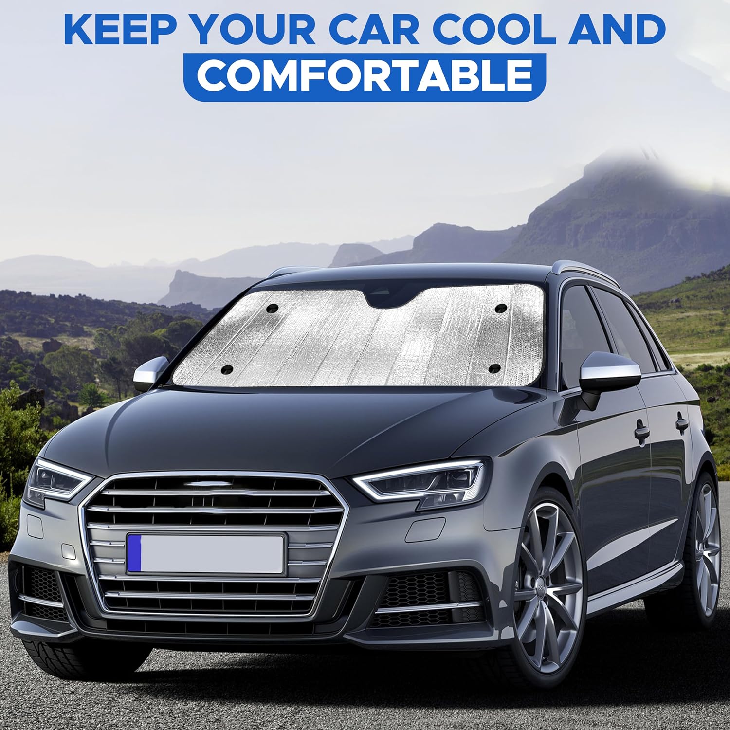 EcoNour Accordion Windshield Sun Shade for Car, Foldable Front Windshield Sunshade, UV & Heat Blocking Car Window Shade, Keeps Car Interior Cool, Includes 4 Suction Cups, 56" x 26"