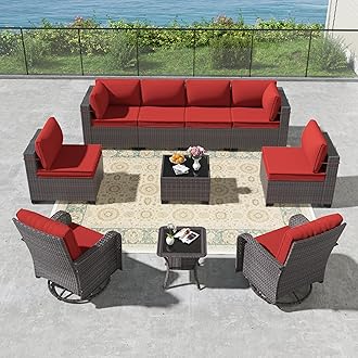 Kullavik 10PCS Outdoor Patio Furniture Set,PE Wicker Rattan Sectional Sofa Patio Conversation Sets with Tempered Glass Table,Swivel Rocking Chairs Set,Red