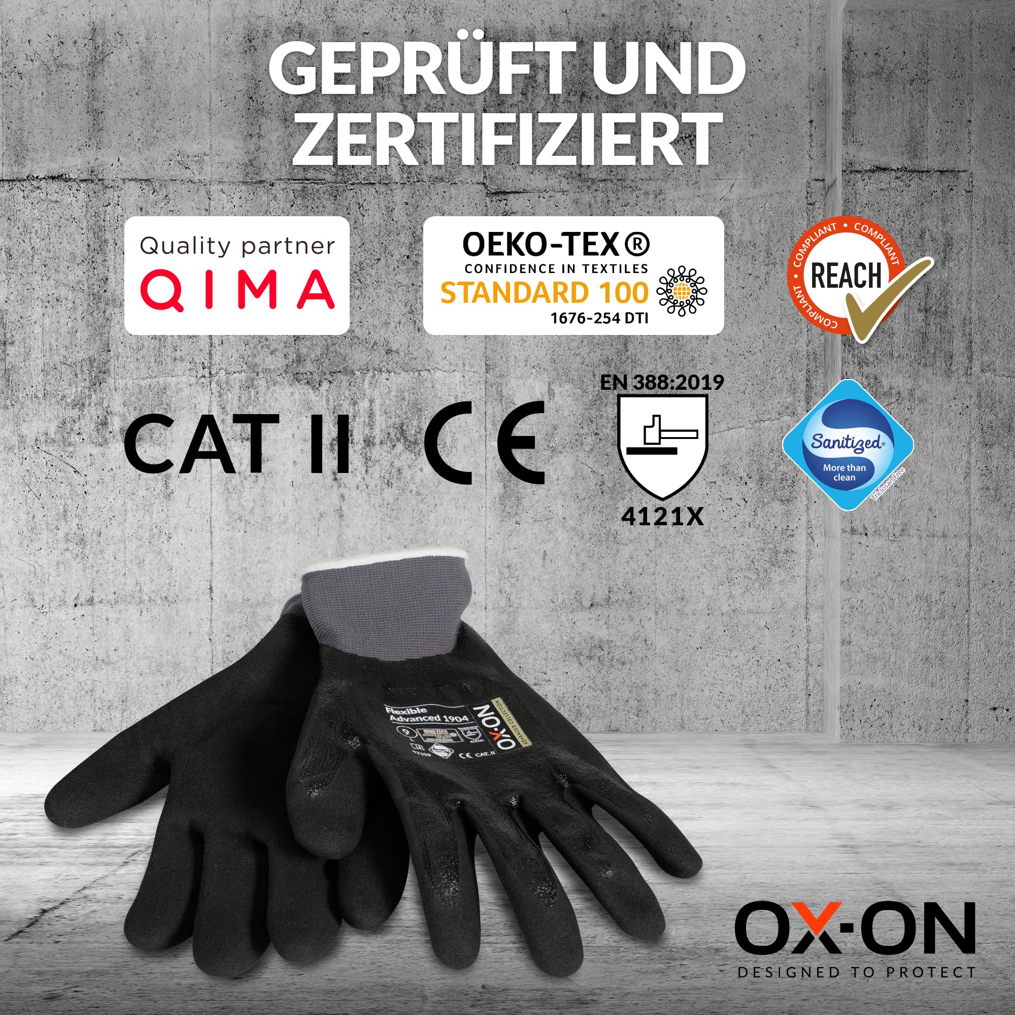 OX-ON FLEXIBLE ADVANCED 1904 Gants de travail en noir I 12 paires de gants de protection imperméables et oléophobes avec double revêtement I Poignée ferme et précise I Certification EN I Taille 11
